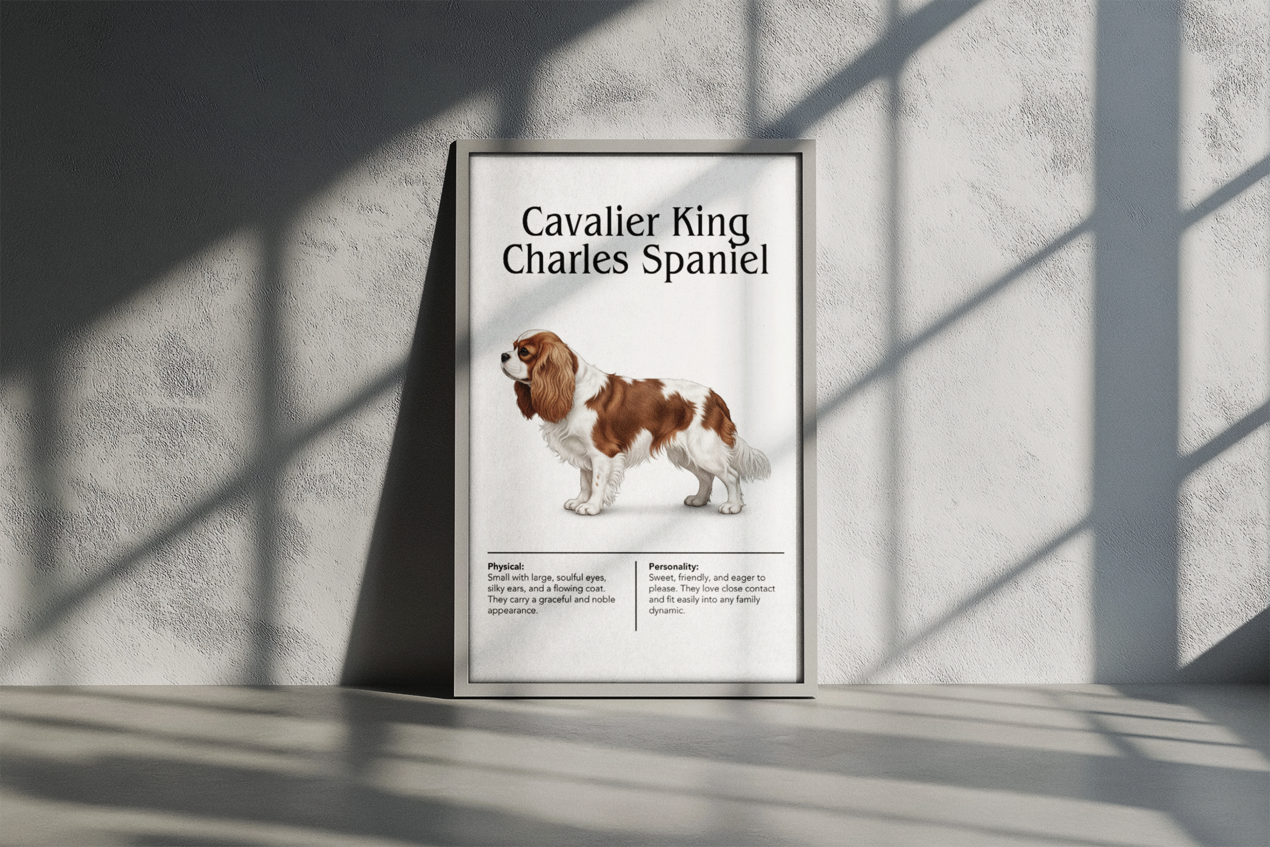 A grey-framed poster of a brown and white Cavalier King Charles Spaniel, resting on the floor against a textured light grey wall with strong shadows.