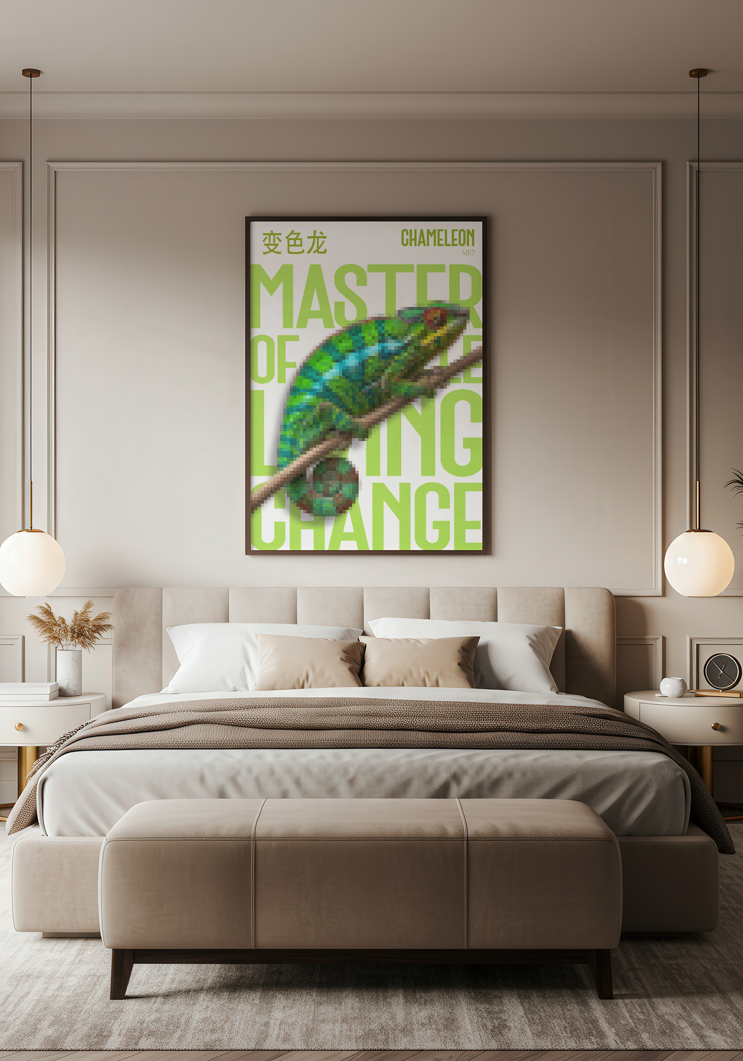 A framed poster featuring a pixelated image of a vibrant green and blue Chameleon, hanging above a large, light-colored bed in a modern, elegant bedroom. The background text in green reads: "MASTER OF LIVING CHANGE."