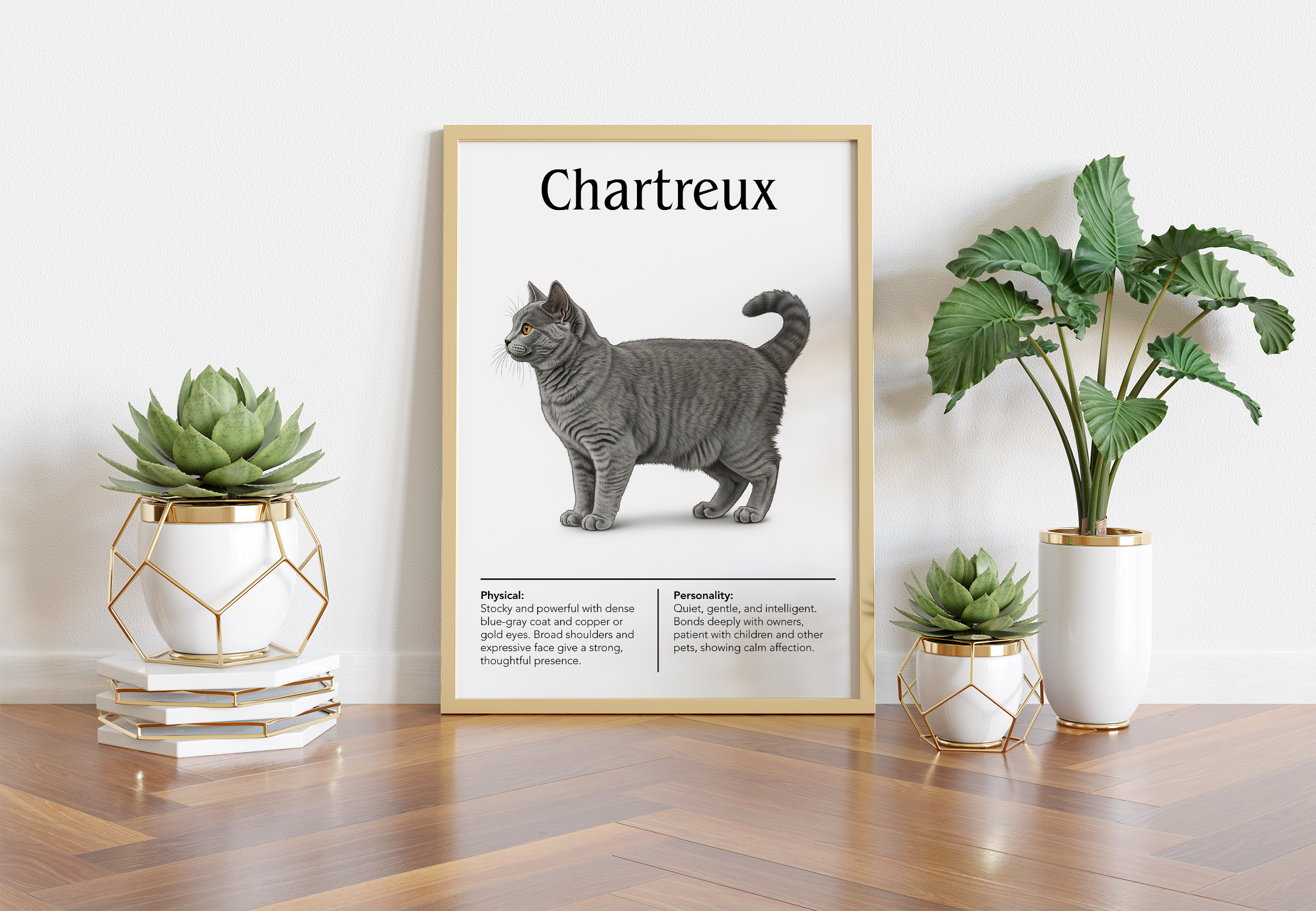 A gold-framed poster of a solid grey Chartreux cat, sitting on a wooden floor between a large potted plant and two geometric planters with succulents.