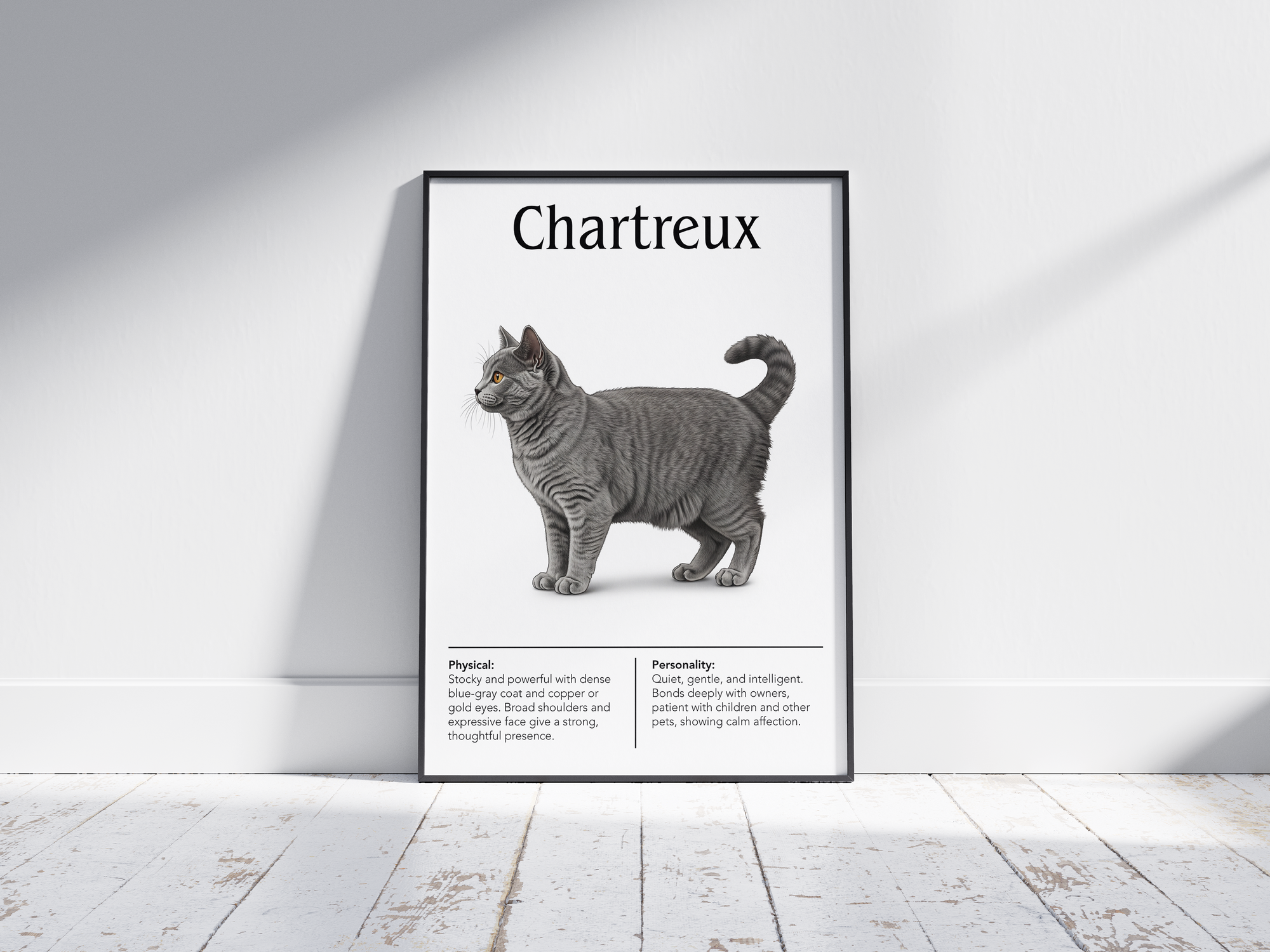 Elegant Chartreux cat breed poster featuring a detailed illustration of the cat with its distinctive blue-gray coat and gentle expression, printed on semi-gloss sustainable paper. Perfect wall art for living rooms, studies, or classic interiors with a calm and sophisticated aesthetic.