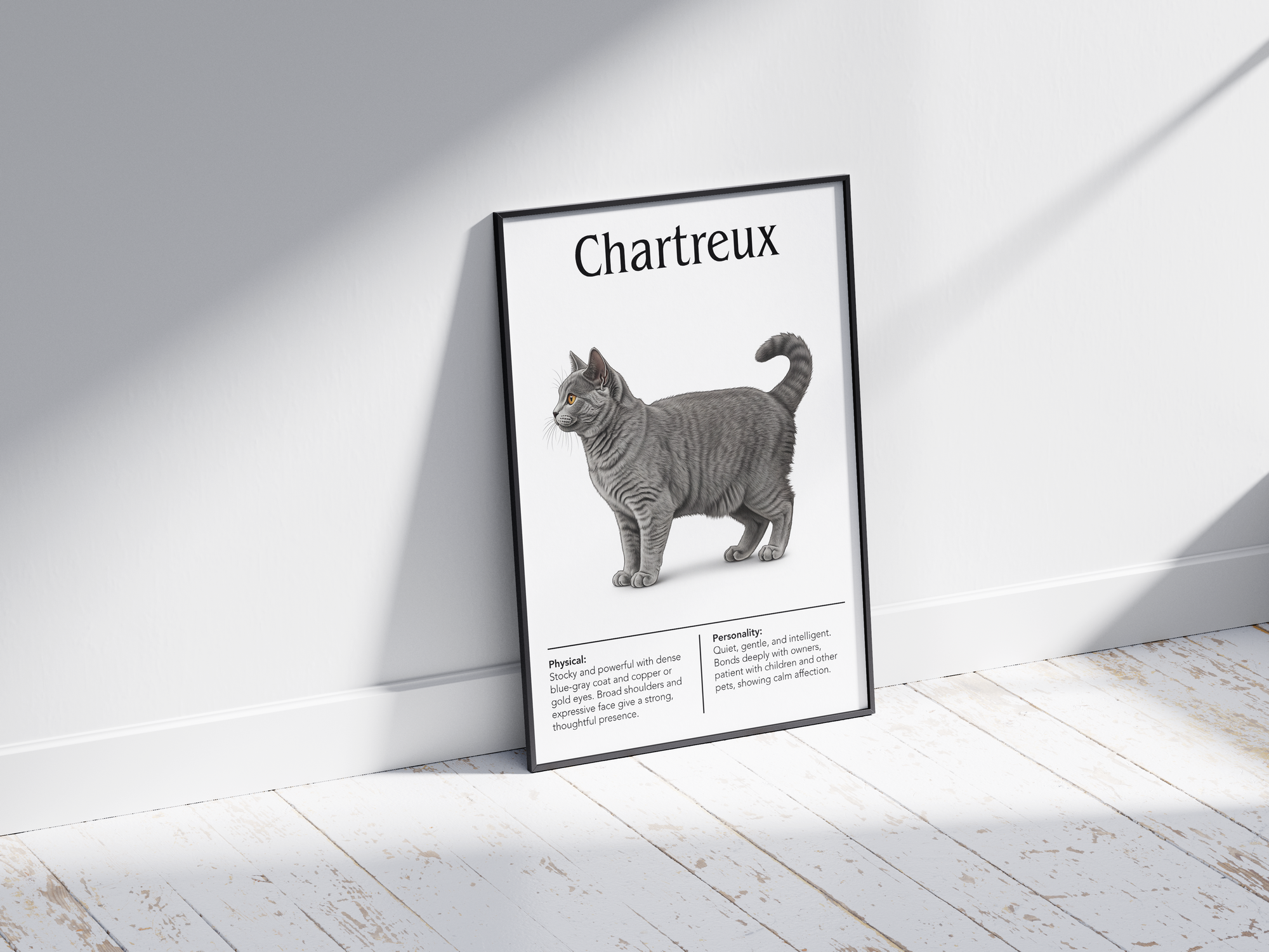 Elegant Chartreux cat breed poster featuring a detailed illustration of the cat with its distinctive blue-gray coat and gentle expression, printed on semi-gloss sustainable paper. Perfect wall art for living rooms, studies, or classic interiors with a calm and sophisticated aesthetic.