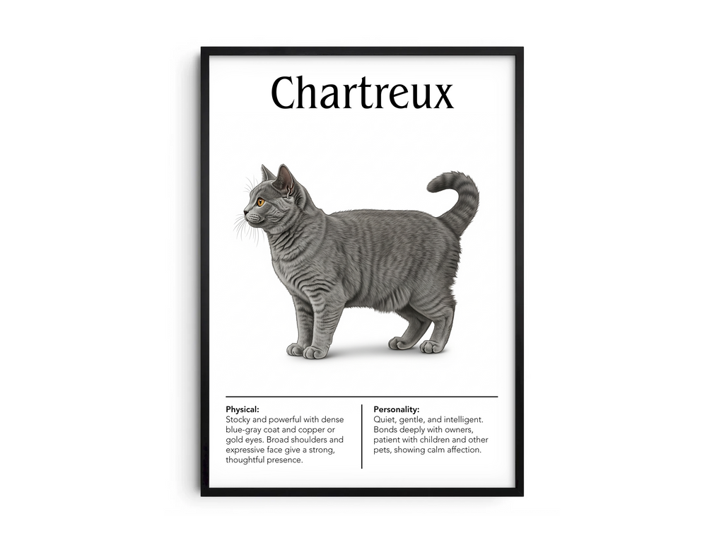 Elegant Chartreux cat breed poster featuring a detailed illustration of the cat with its distinctive blue-gray coat and gentle expression, printed on semi-gloss sustainable paper. Perfect wall art for living rooms, studies, or classic interiors with a calm and sophisticated aesthetic.