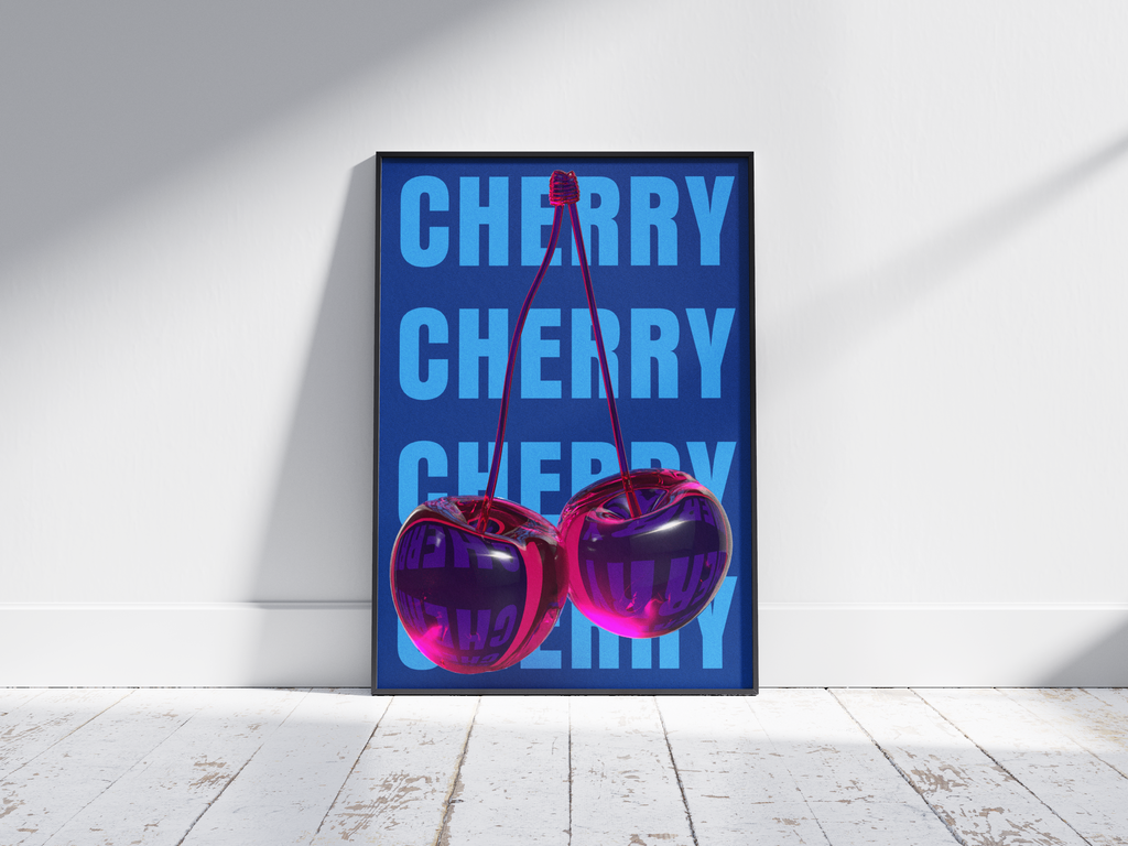 Bold pop art cherry poster featuring glossy pink cherries with a 3D glass effect on a vibrant blue background, printed on semi-gloss sustainable paper. Perfect wall art for living rooms, bedrooms, or modern interiors with a playful and energetic aesthetic.