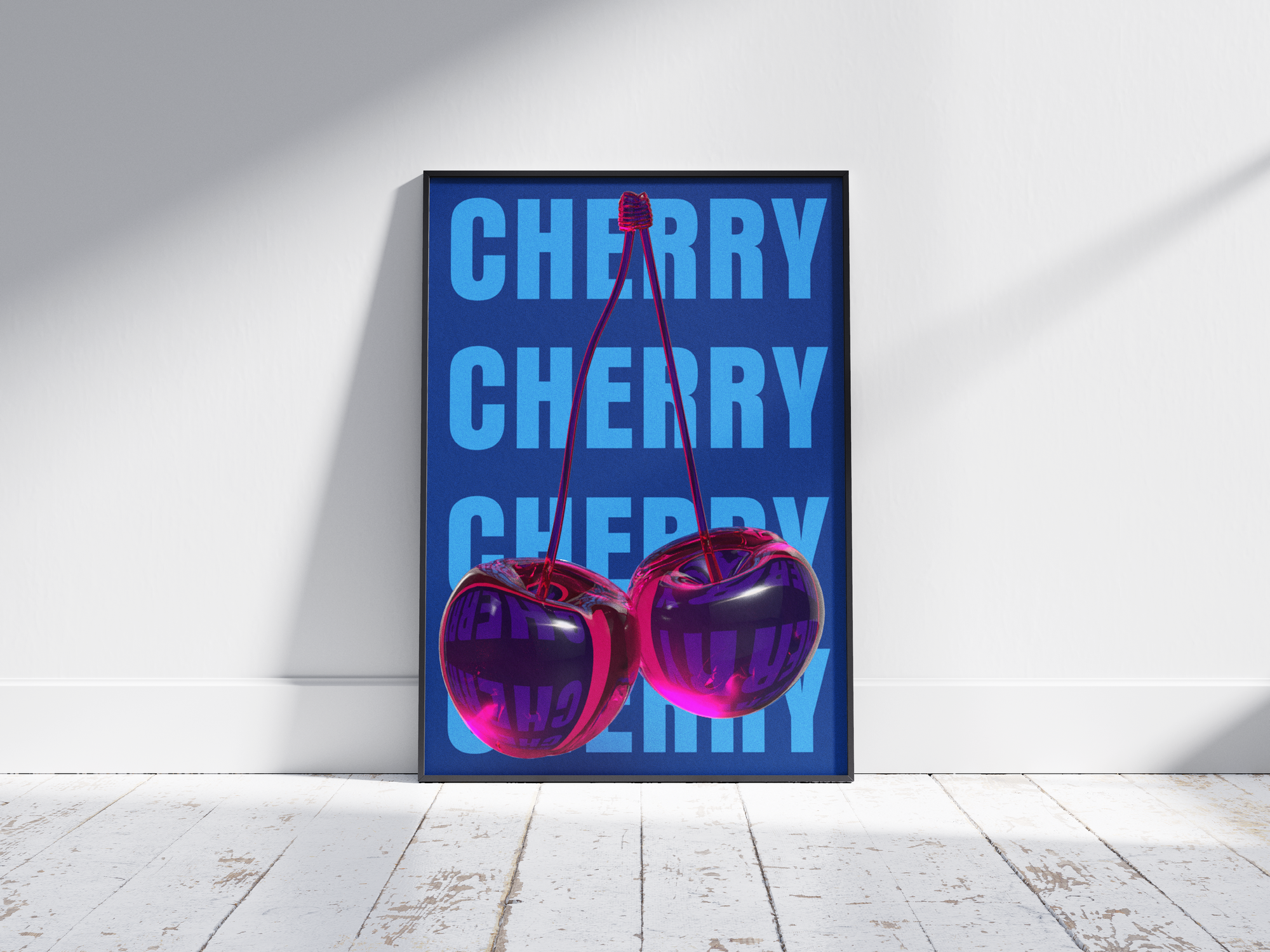 Bold pop art cherry poster featuring glossy pink cherries with a 3D glass effect on a vibrant blue background, printed on semi-gloss sustainable paper. Perfect wall art for living rooms, bedrooms, or modern interiors with a playful and energetic aesthetic.