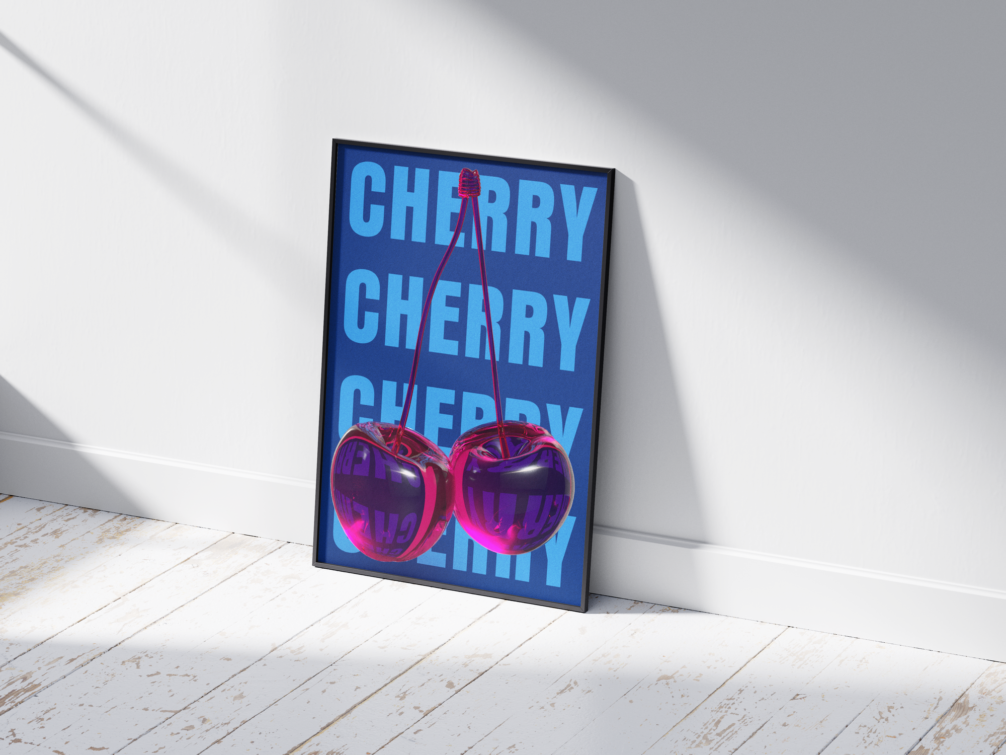 Bold pop art cherry poster featuring glossy pink cherries with a 3D glass effect on a vibrant blue background, printed on semi-gloss sustainable paper. Perfect wall art for living rooms, bedrooms, or modern interiors with a playful and energetic aesthetic.