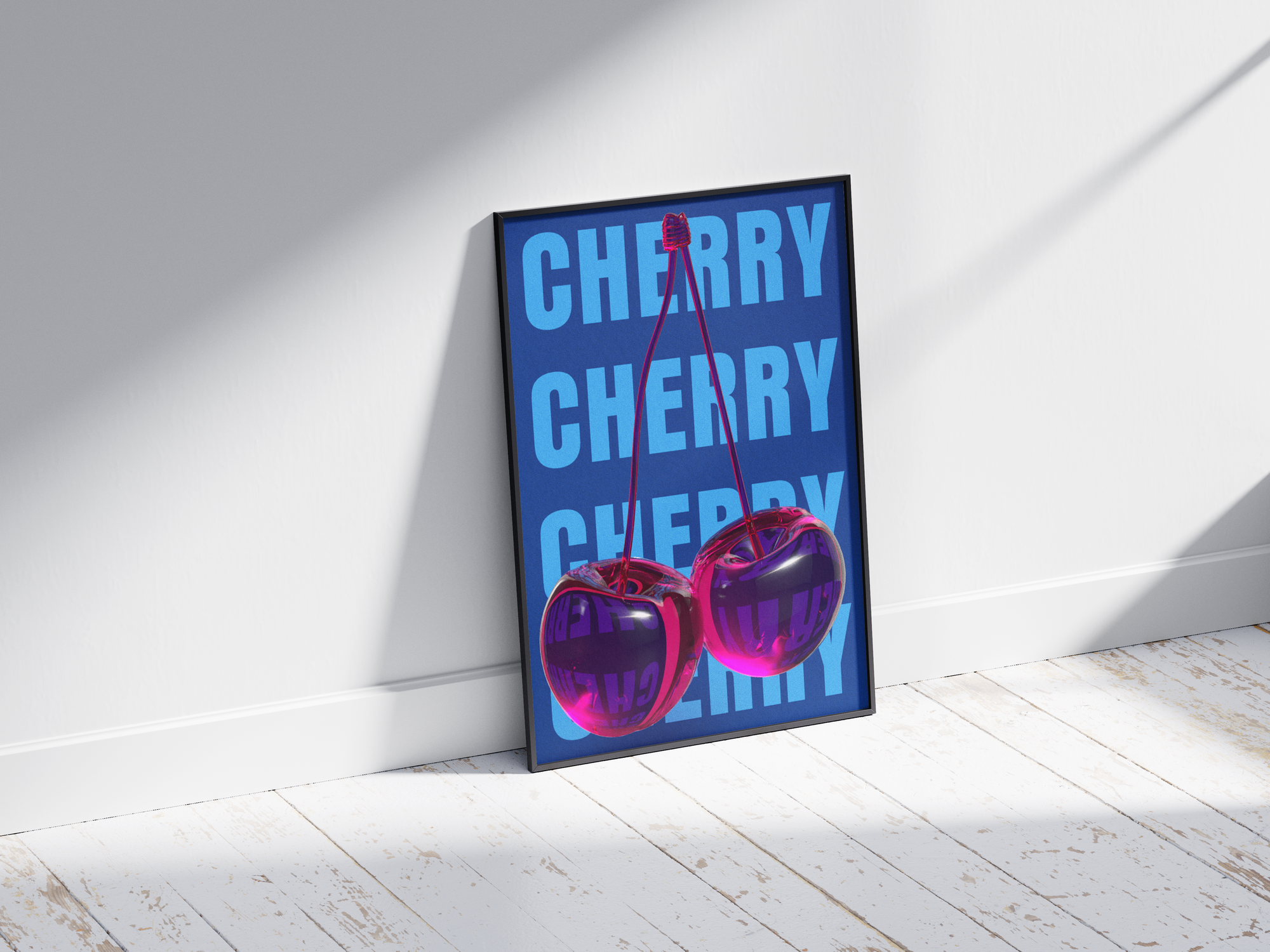 Bold pop art cherry poster featuring glossy pink cherries with a 3D glass effect on a vibrant blue background, printed on semi-gloss sustainable paper. Perfect wall art for living rooms, bedrooms, or modern interiors with a playful and energetic aesthetic.