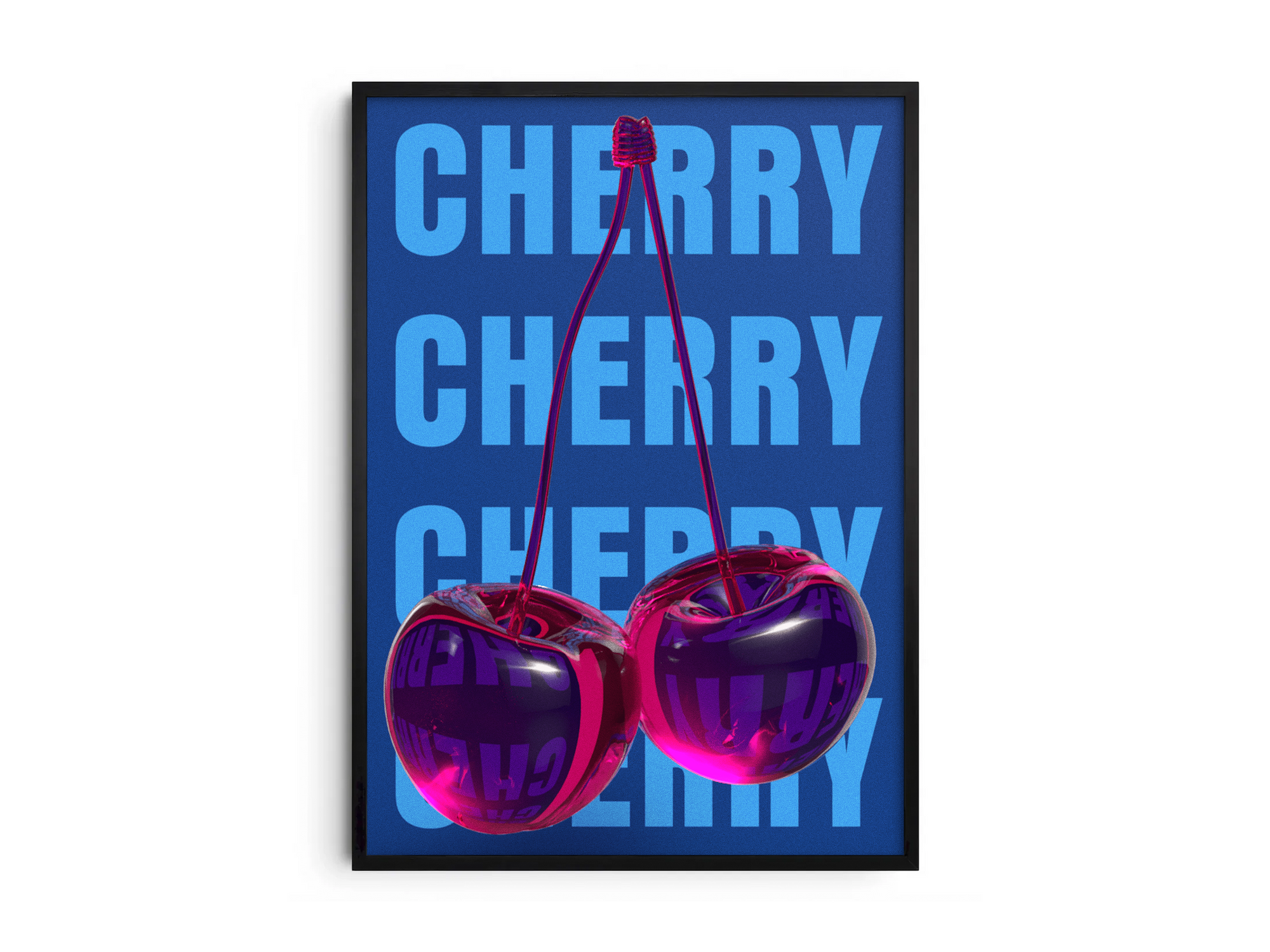 Bold pop art cherry poster featuring glossy pink cherries with a 3D glass effect on a vibrant blue background, printed on semi-gloss sustainable paper. Perfect wall art for living rooms, bedrooms, or modern interiors with a playful and energetic aesthetic.