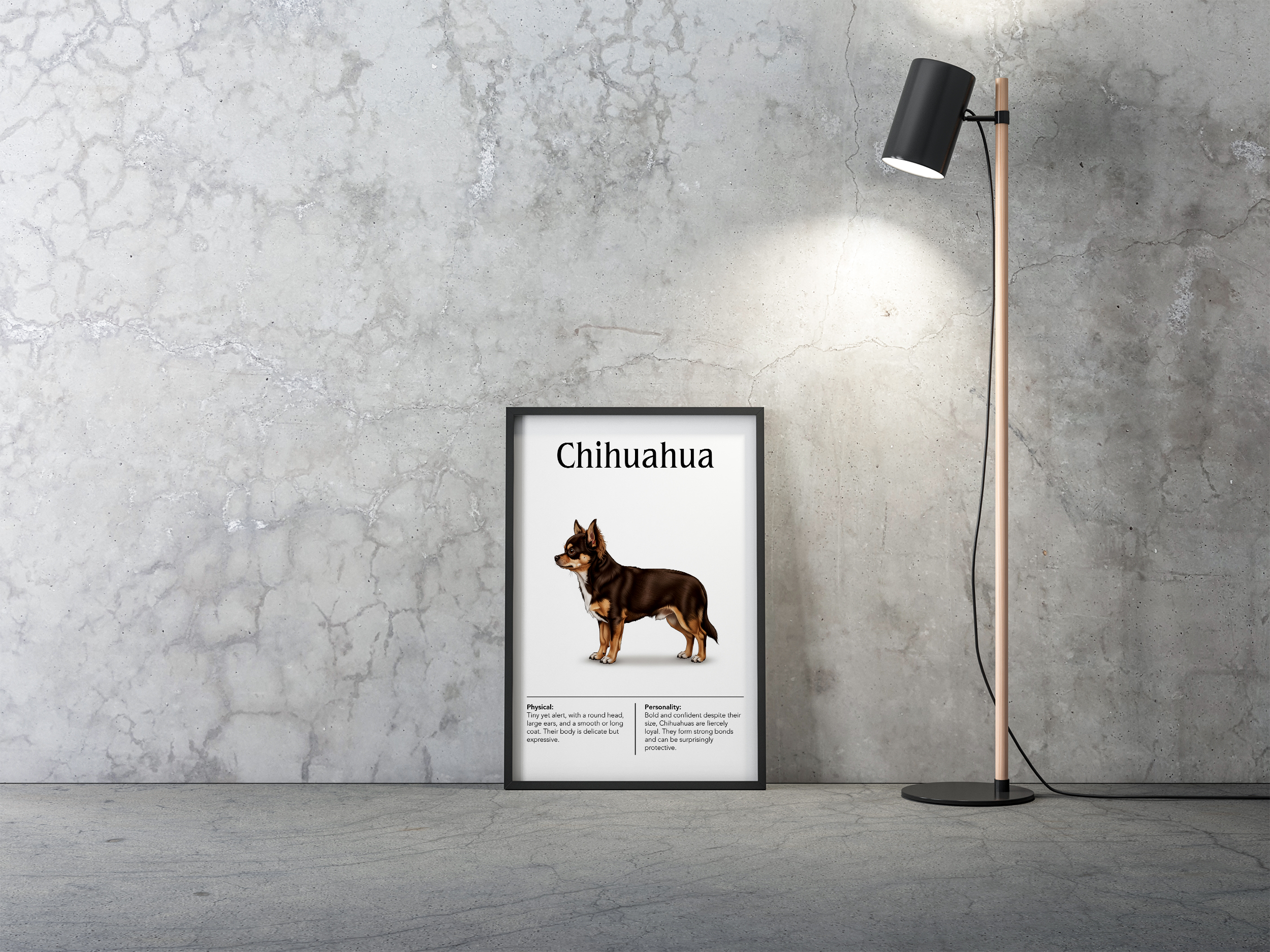 A black-framed poster of a brown and black Chihuahua, resting on the floor against a textured concrete wall, illuminated by a black standing lamp.