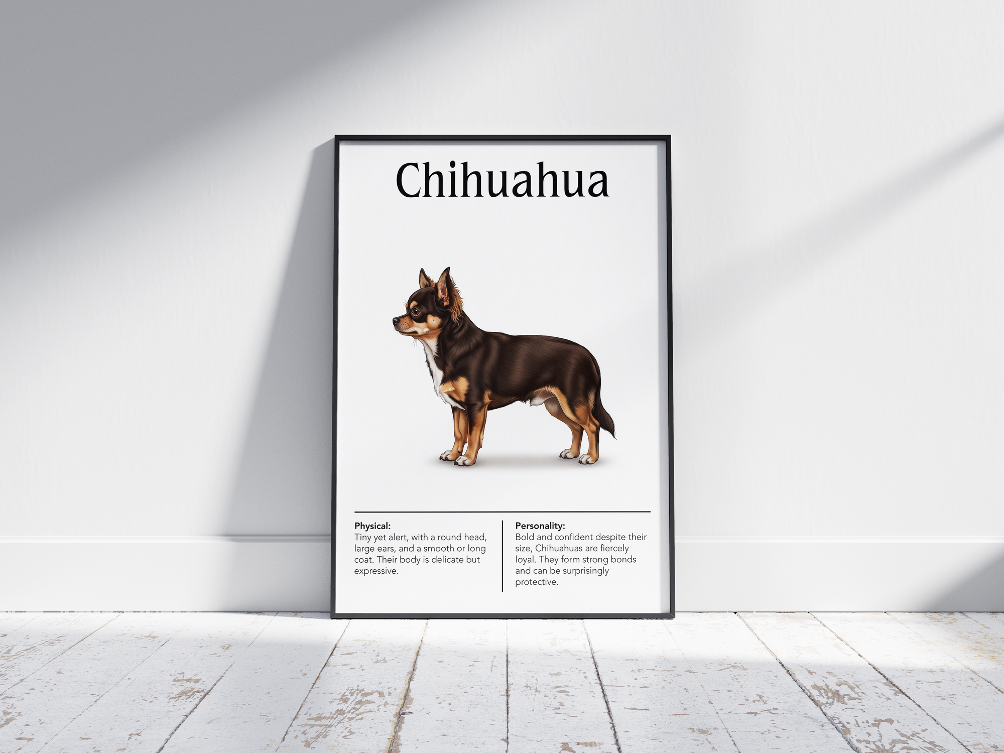 Detailed Chihuahua dog breed poster showcasing its small size and bold, devoted personality traits, printed on semi-gloss sustainable paper. Perfect wall art for living rooms, bedrooms, or modern interiors with a spirited and charming aesthetic.