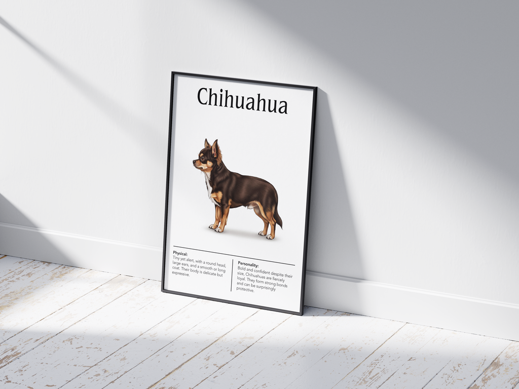 Detailed Chihuahua dog breed poster showcasing its small size and bold, devoted personality traits, printed on semi-gloss sustainable paper. Perfect wall art for living rooms, bedrooms, or modern interiors with a spirited and charming aesthetic.