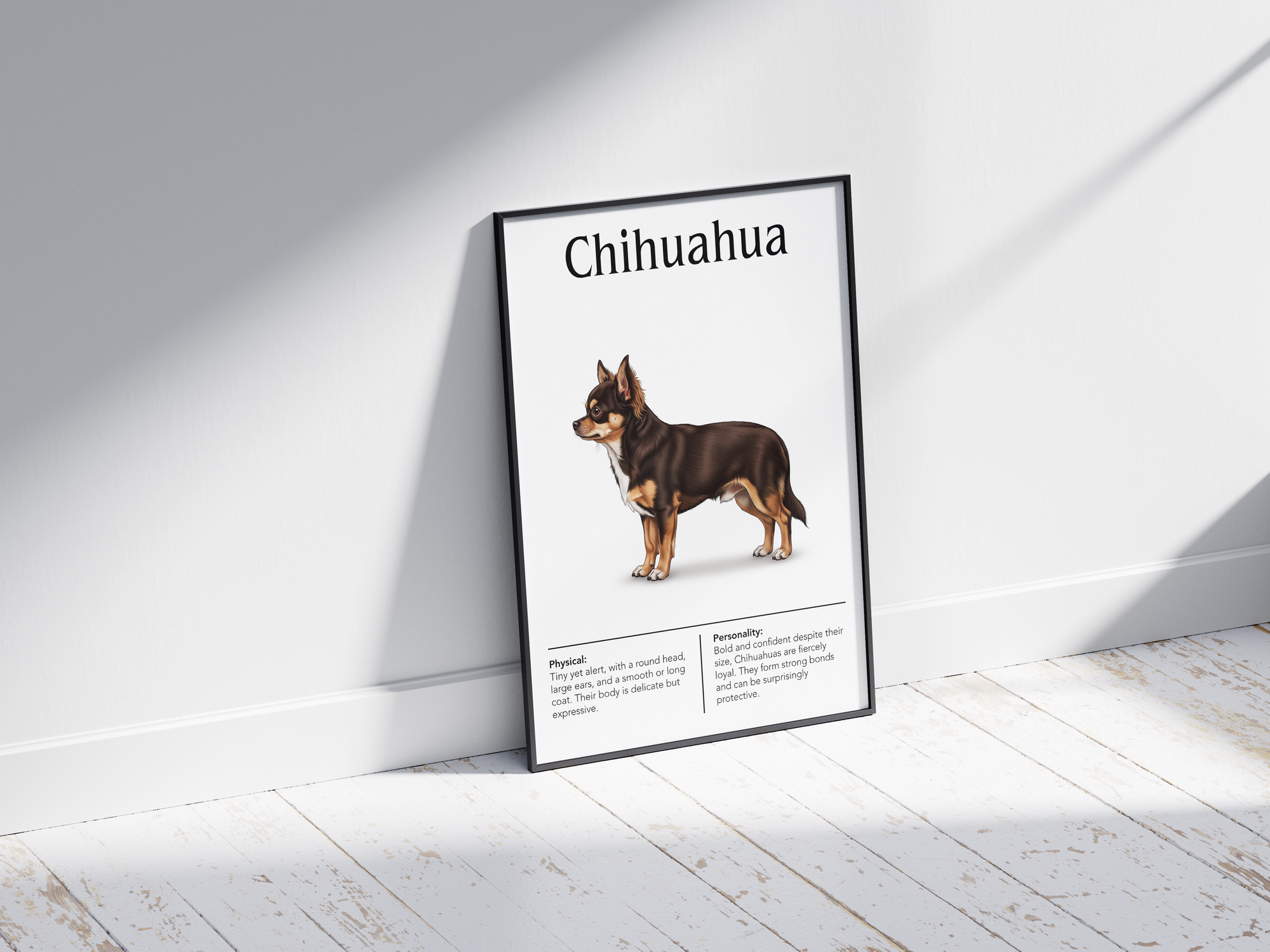 Detailed Chihuahua dog breed poster showcasing its small size and bold, devoted personality traits, printed on semi-gloss sustainable paper. Perfect wall art for living rooms, bedrooms, or modern interiors with a spirited and charming aesthetic.