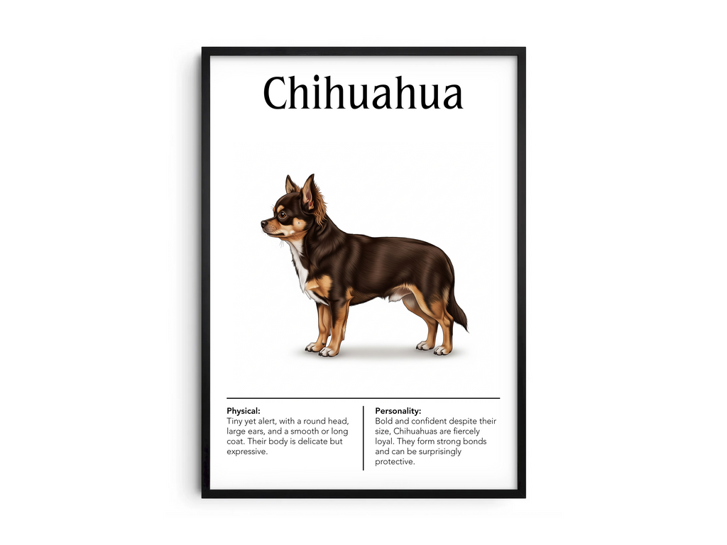 Detailed Chihuahua dog breed poster showcasing its small size and bold, devoted personality traits, printed on semi-gloss sustainable paper. Perfect wall art for living rooms, bedrooms, or modern interiors with a spirited and charming aesthetic.