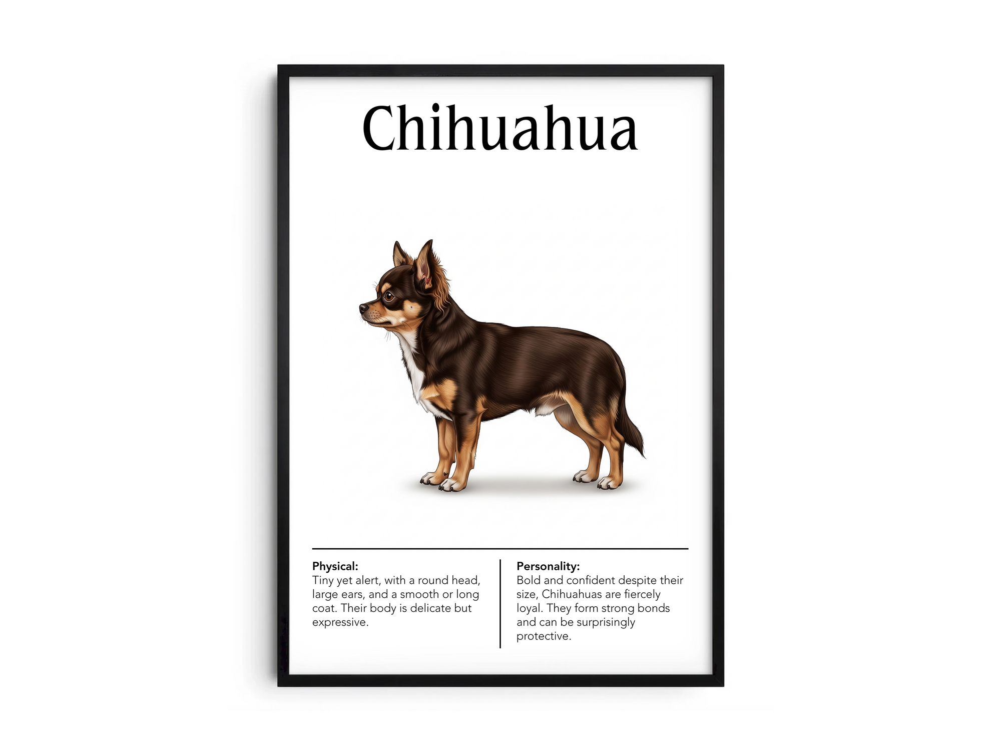 Detailed Chihuahua dog breed poster showcasing its small size and bold, devoted personality traits, printed on semi-gloss sustainable paper. Perfect wall art for living rooms, bedrooms, or modern interiors with a spirited and charming aesthetic.
