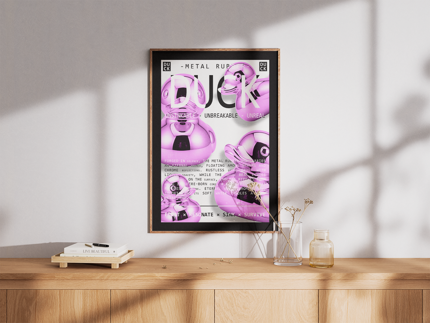 A vertically-oriented poster in a black frame, featuring multiple shiny, chrome pink rubber duck illustrations with bold typography reading "DUCK - METAL RUBBER" and "UNSINKABLE - UNBREAKABLE - UNREAL." The artwork is displayed on a light wooden cabinet with storage doors, next to a clear vase with dried flowers.