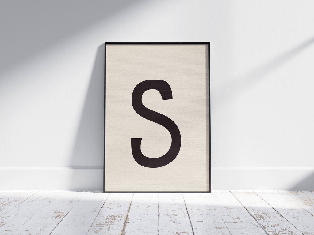 Elegant and classic serif alphabet letter S poster, featuring a smooth, dark charcoal 'S' on a soft cream background. Perfect sophisticated wall art for minimalist offices, libraries, or gallery walls with a timeless, graceful, and monochromatic aesthetic.