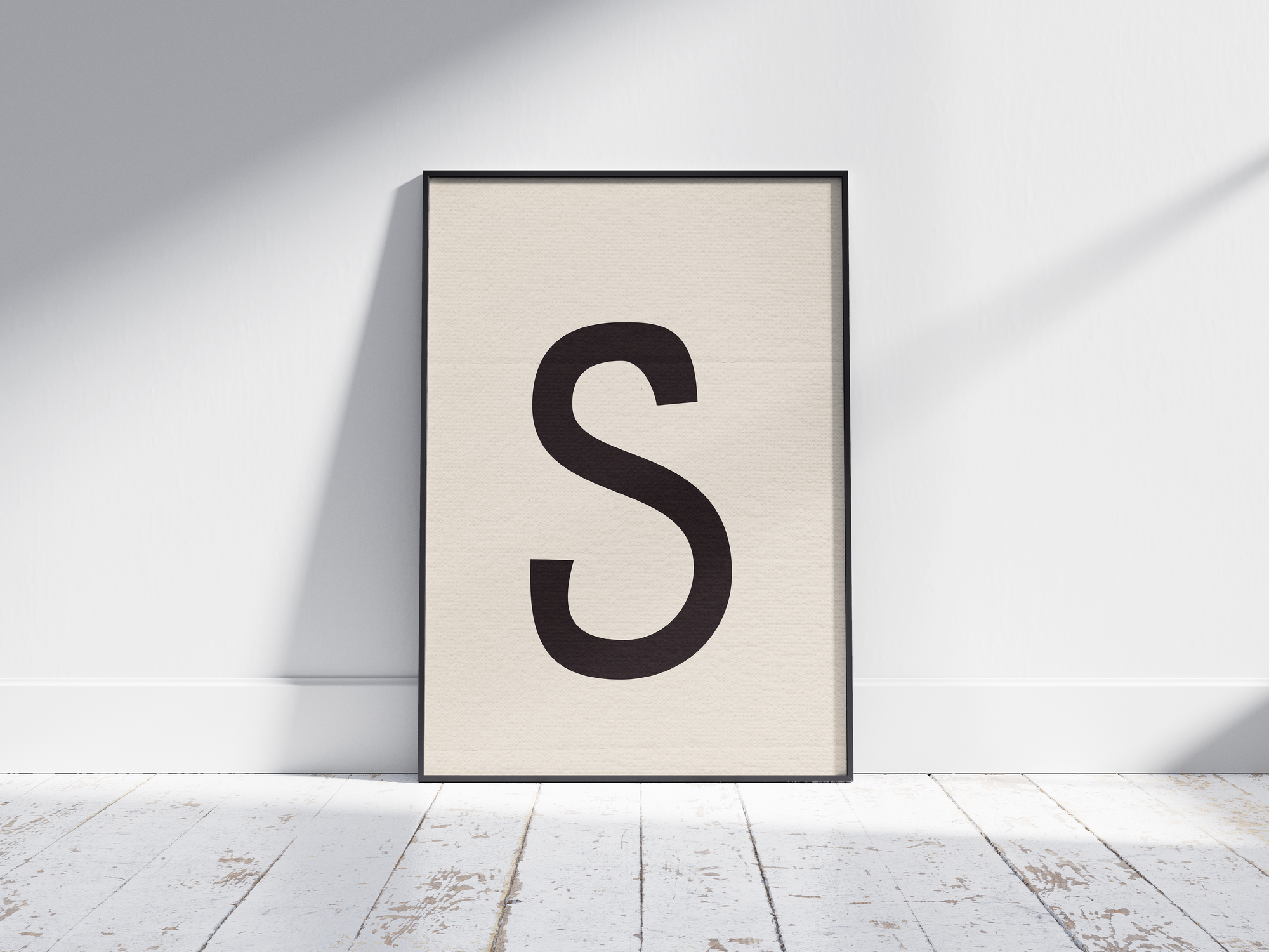 Elegant and classic serif alphabet letter S poster, featuring a smooth, dark charcoal 'S' on a soft cream background. Perfect sophisticated wall art for minimalist offices, libraries, or gallery walls with a timeless, graceful, and monochromatic aesthetic.
