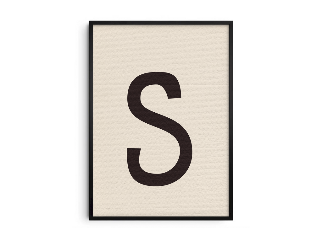 Elegant and classic serif alphabet letter S poster, featuring a smooth, dark charcoal 'S' on a soft cream background. Perfect sophisticated wall art for minimalist offices, libraries, or gallery walls with a timeless, graceful, and monochromatic aesthetic.