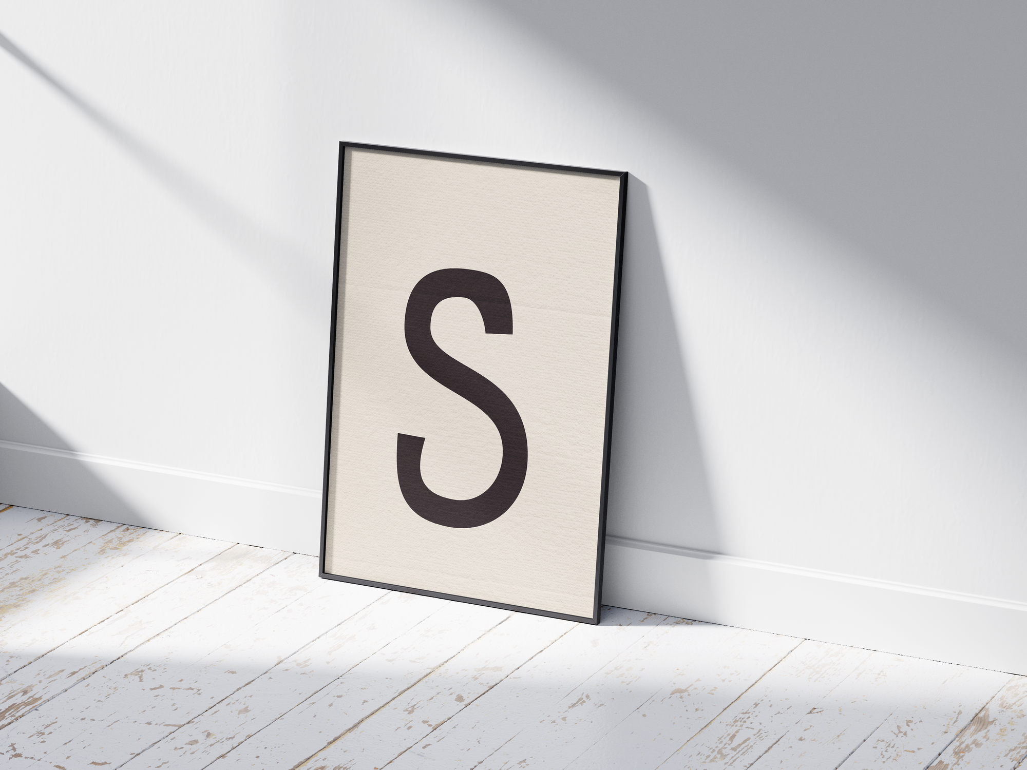 Elegant and classic serif alphabet letter S poster, featuring a smooth, dark charcoal 'S' on a soft cream background. Perfect sophisticated wall art for minimalist offices, libraries, or gallery walls with a timeless, graceful, and monochromatic aesthetic.