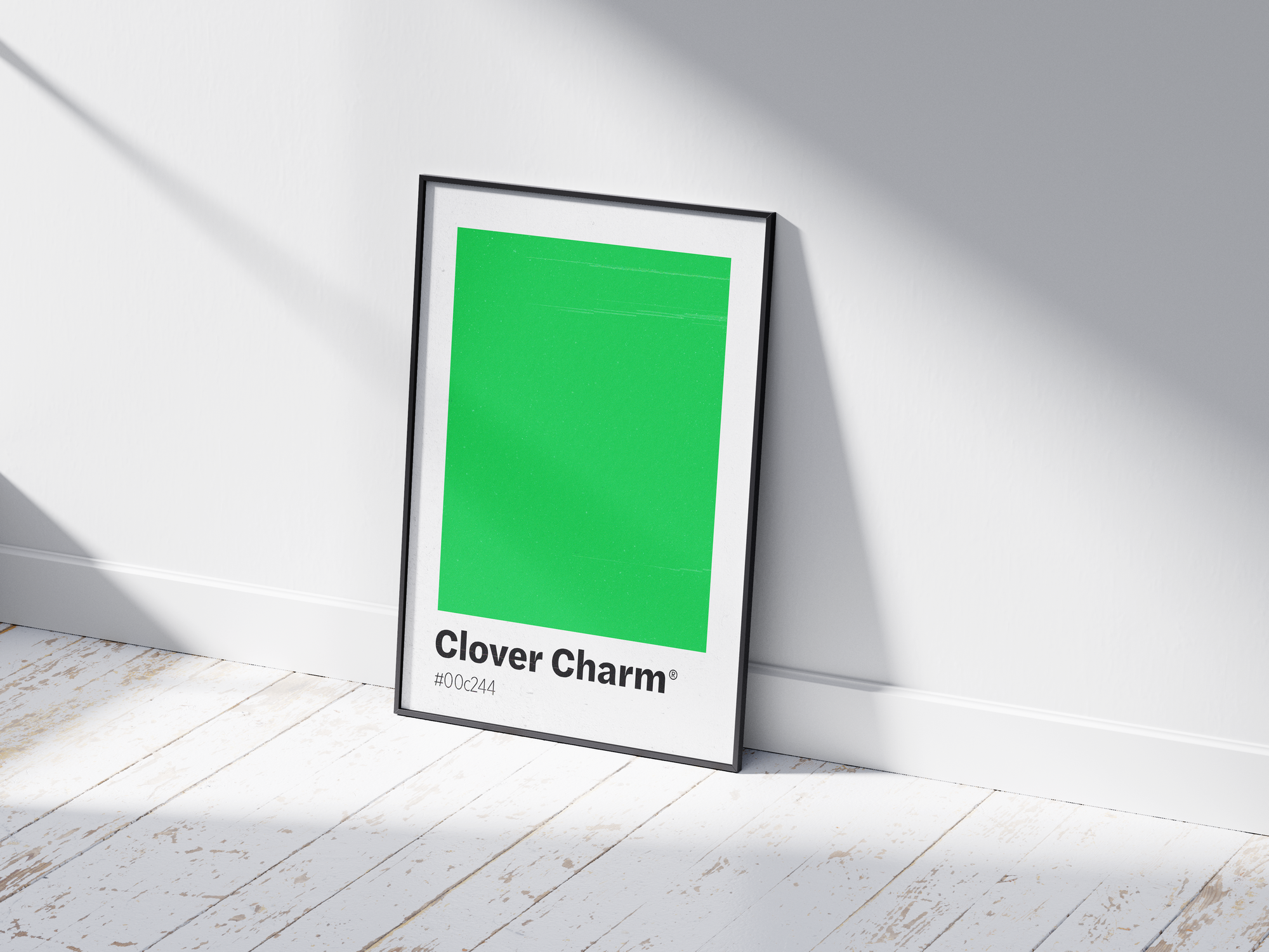 Minimalist light green color swatch poster featuring the unique shade "Clover Charm" with its hexadecimal code #00c244. This modern art print is ideal for adding a sophisticated and vibrant touch to contemporary interiors, kitchens, or gallery walls.