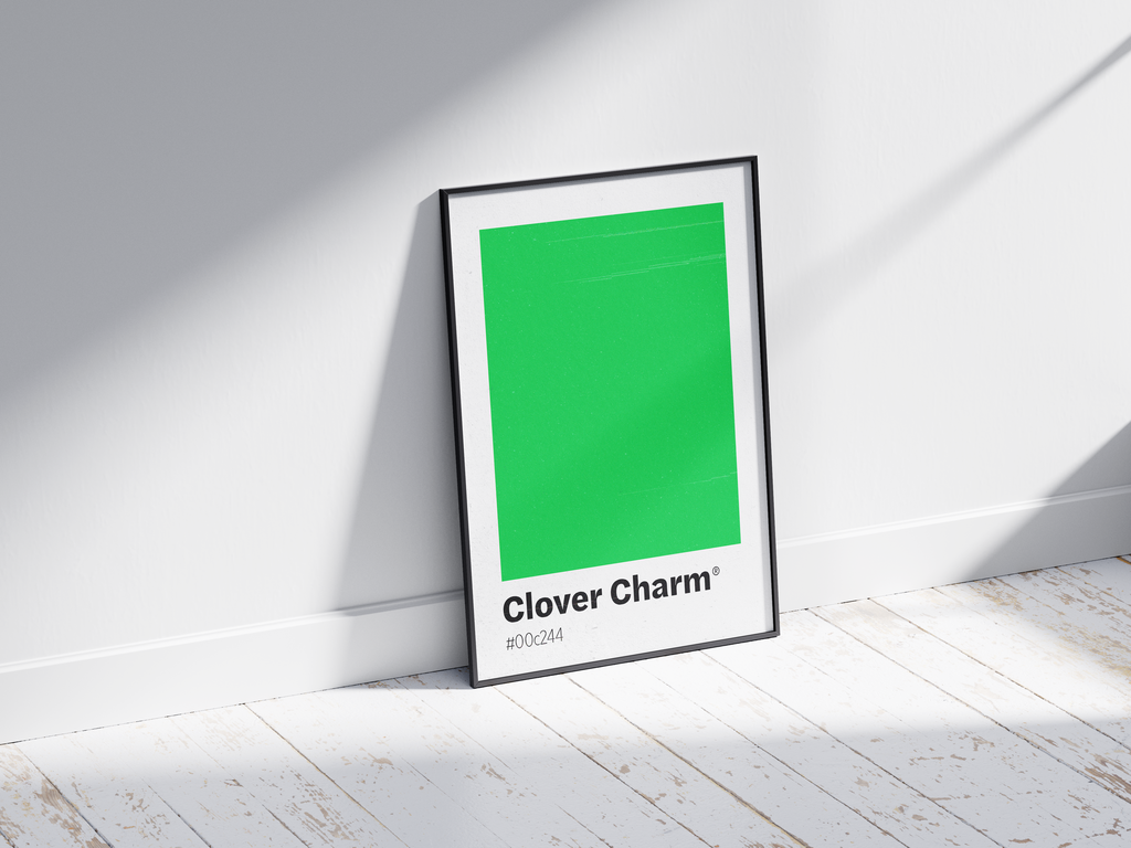 Minimalist light green color swatch poster featuring the unique shade "Clover Charm" with its hexadecimal code #00c244. This modern art print is ideal for adding a sophisticated and vibrant touch to contemporary interiors, kitchens, or gallery walls.