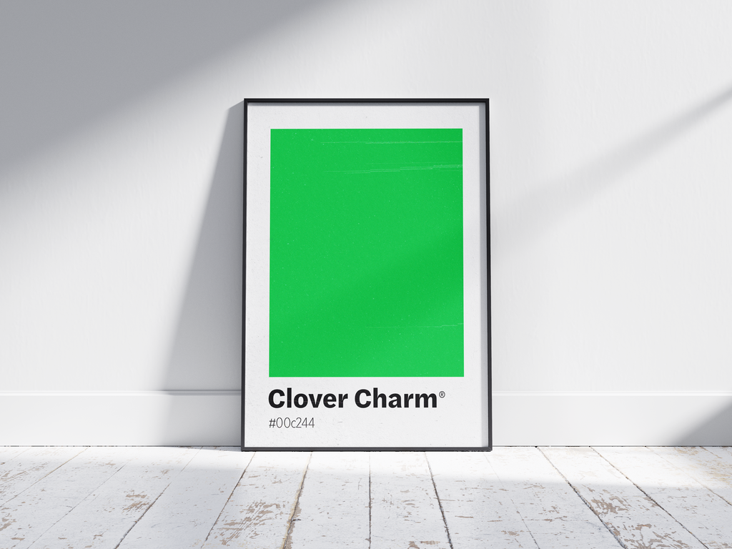 Minimalist light green color swatch poster featuring the unique shade "Clover Charm" with its hexadecimal code #00c244. This modern art print is ideal for adding a sophisticated and vibrant touch to contemporary interiors, kitchens, or gallery walls.