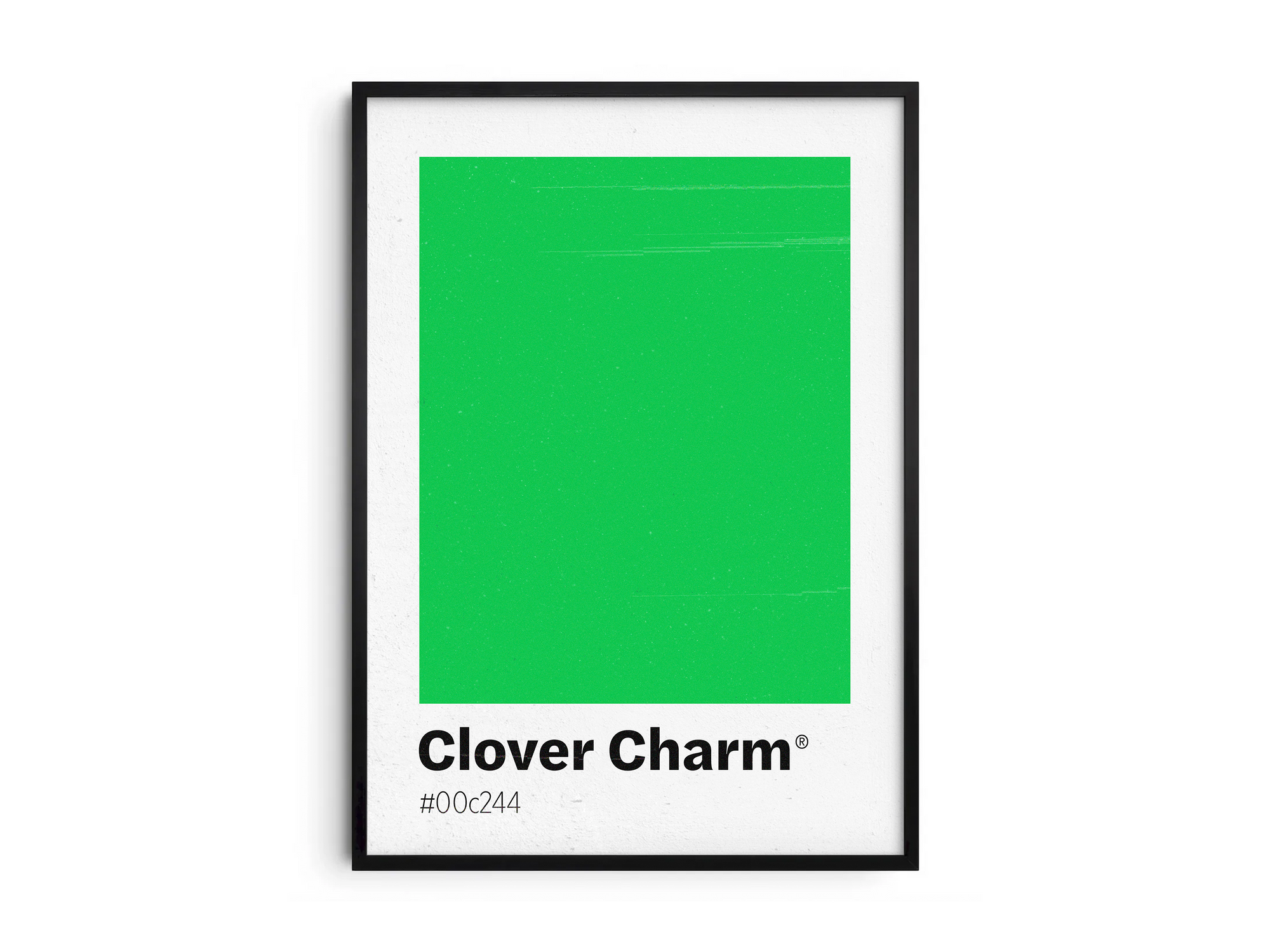 Minimalist light green color swatch poster featuring the unique shade "Clover Charm" with its hexadecimal code #00c244. This modern art print is ideal for adding a sophisticated and vibrant touch to contemporary interiors, kitchens, or gallery walls.