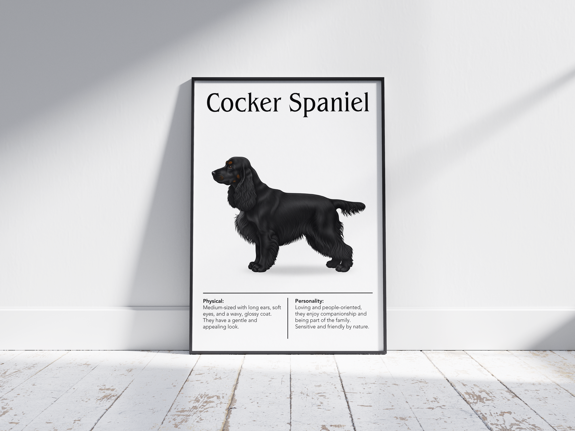 Detailed Cocker Spaniel dog breed poster showcasing its soft features and merry, affectionate personality traits, printed on semi-gloss sustainable paper. Perfect wall art for living rooms, family rooms, or modern interiors with a gentle and cheerful aesthetic.