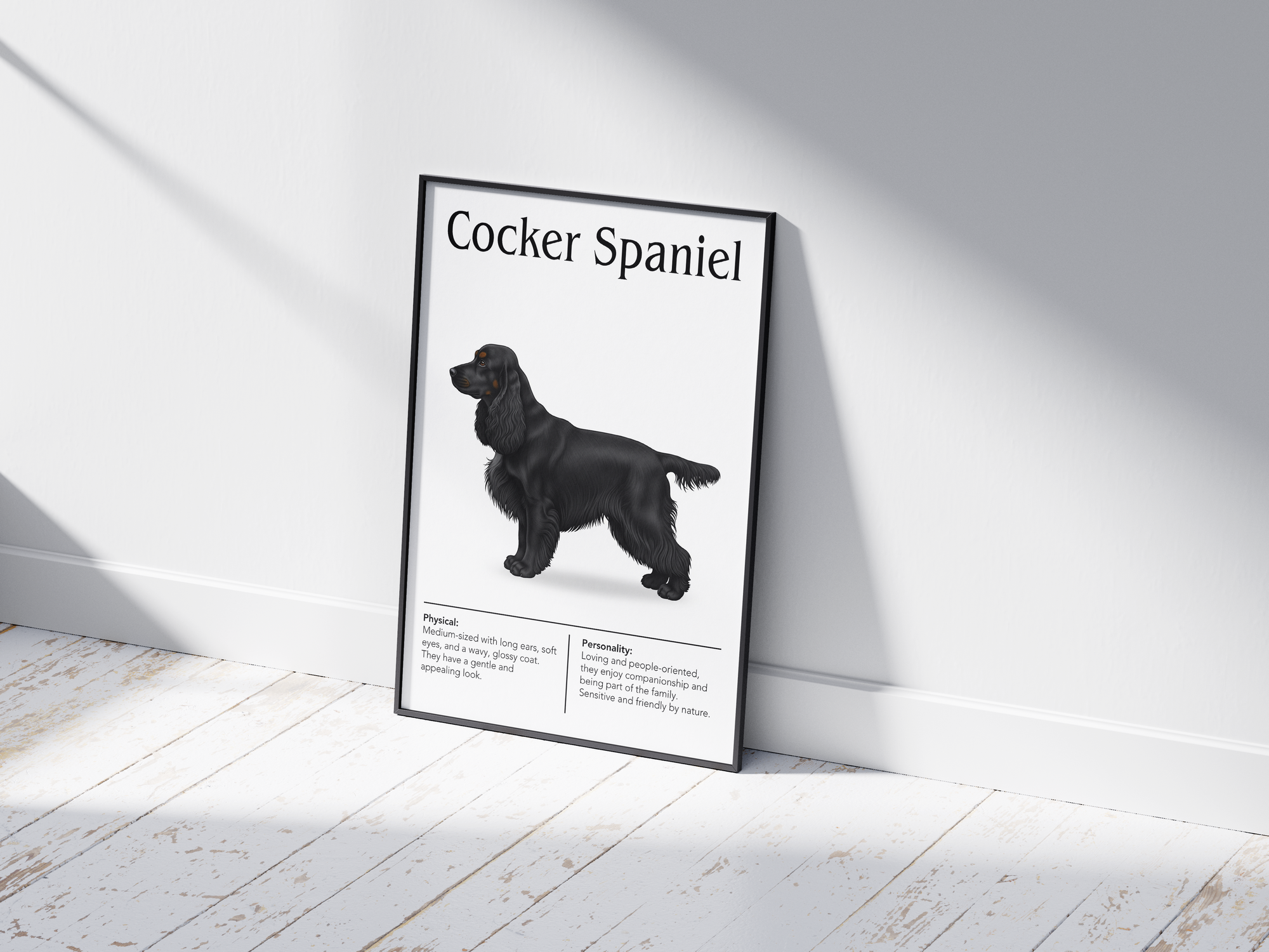 Detailed Cocker Spaniel dog breed poster showcasing its soft features and merry, affectionate personality traits, printed on semi-gloss sustainable paper. Perfect wall art for living rooms, family rooms, or modern interiors with a gentle and cheerful aesthetic.