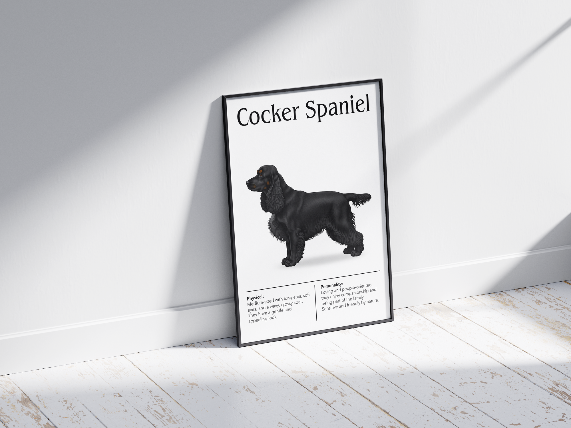 Detailed Cocker Spaniel dog breed poster showcasing its soft features and merry, affectionate personality traits, printed on semi-gloss sustainable paper. Perfect wall art for living rooms, family rooms, or modern interiors with a gentle and cheerful aesthetic.