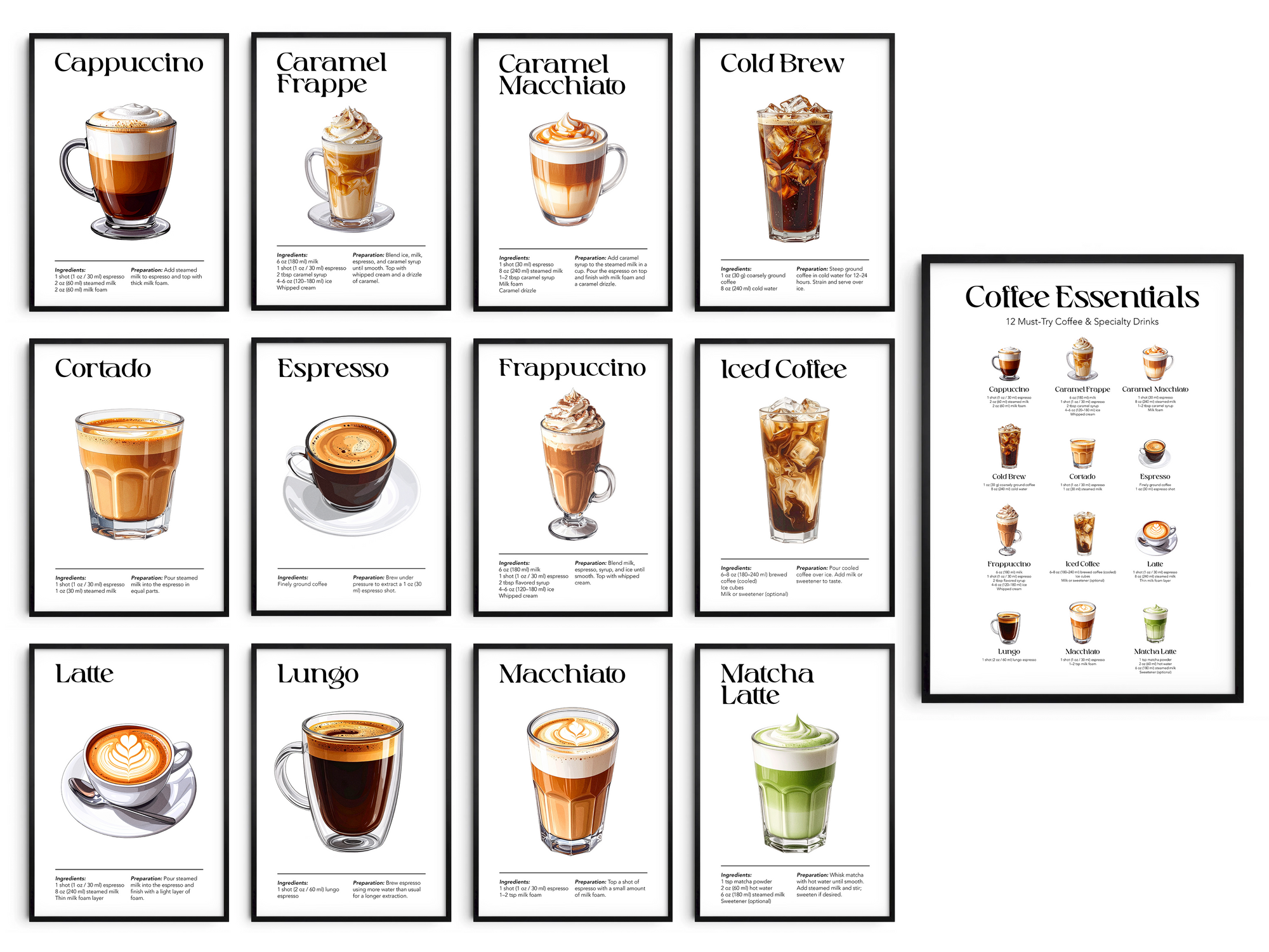 AmbersCreations' Coffee Collection: Posters showing various coffee drinks like cappuccino, espresso, latte, and cold brew, with a main 'Coffee Essentials' chart. Soulful coffee art.