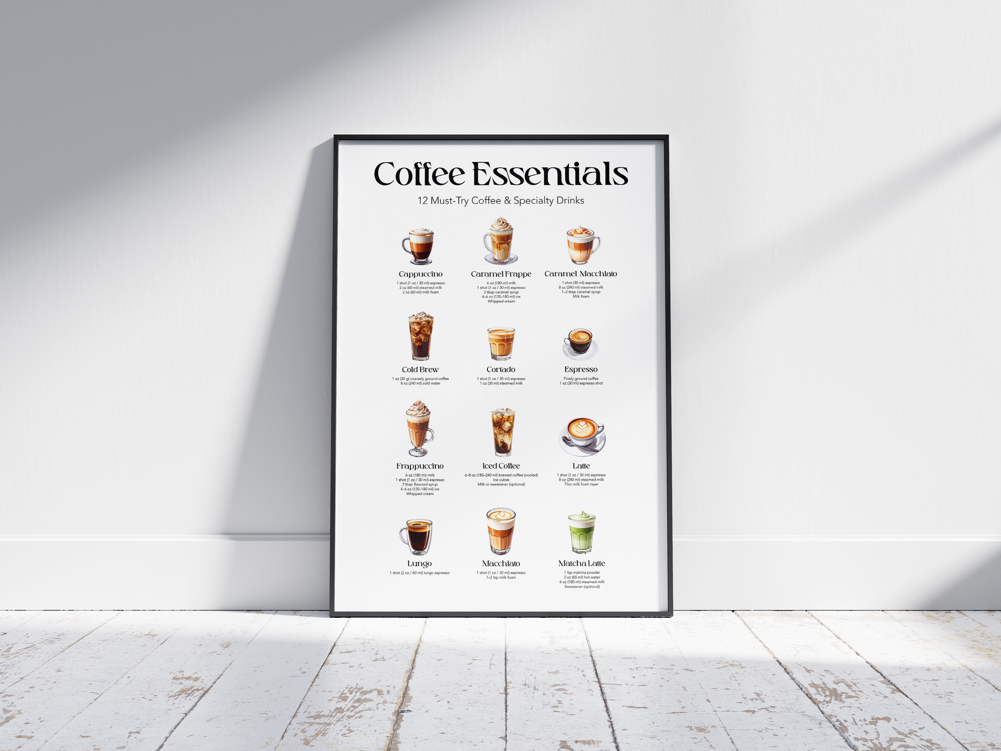 Minimalist coffee drinks art poster featuring 12 illustrated coffee and specialty beverages with their names, printed on semi-gloss sustainable paper. Perfect wall art for kitchens, coffee bars, or modern interiors with an educational and stylish aesthetic.