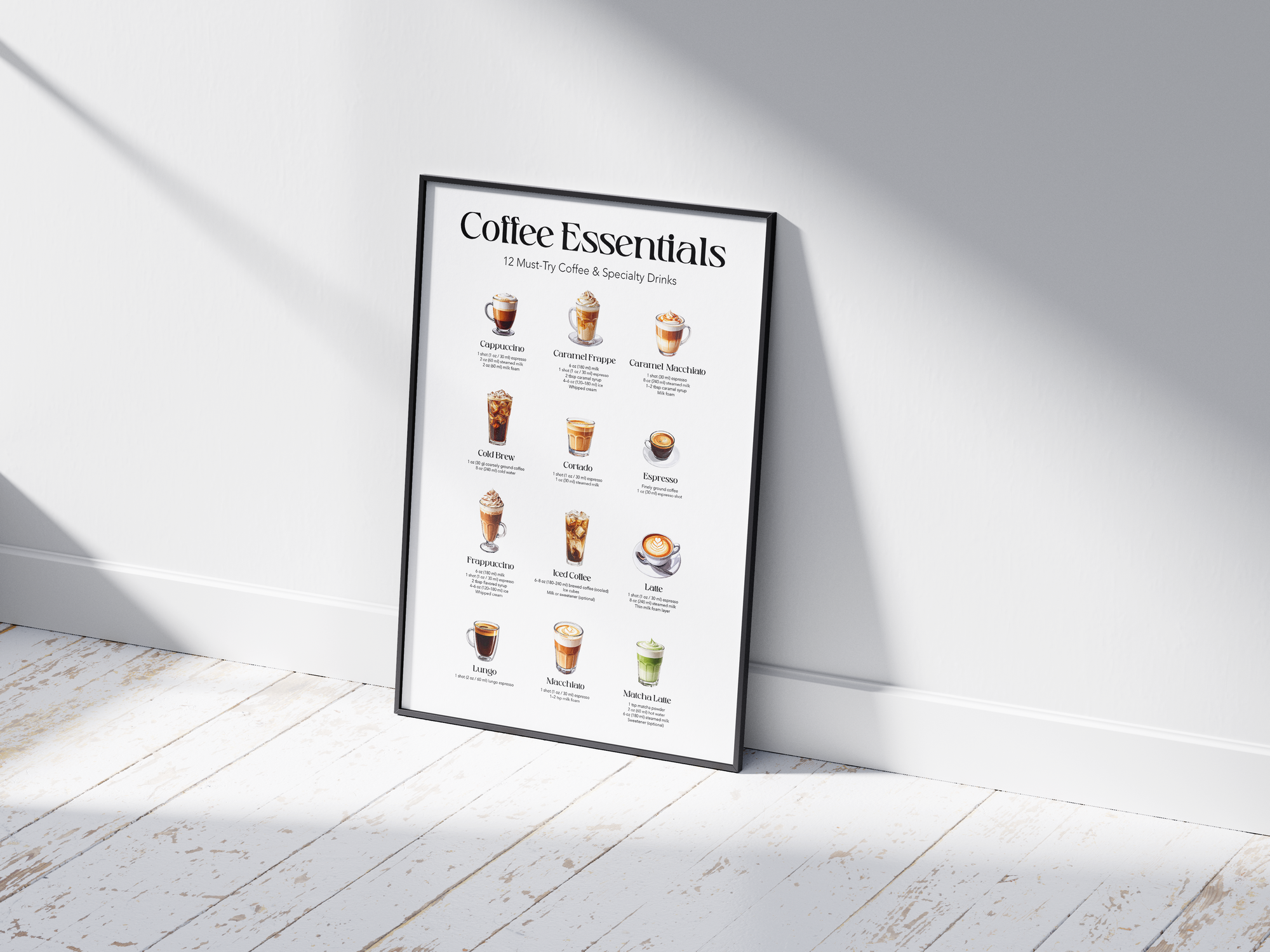 Minimalist coffee drinks art poster featuring 12 illustrated coffee and specialty beverages with their names, printed on semi-gloss sustainable paper. Perfect wall art for kitchens, coffee bars, or modern interiors with an educational and stylish aesthetic.