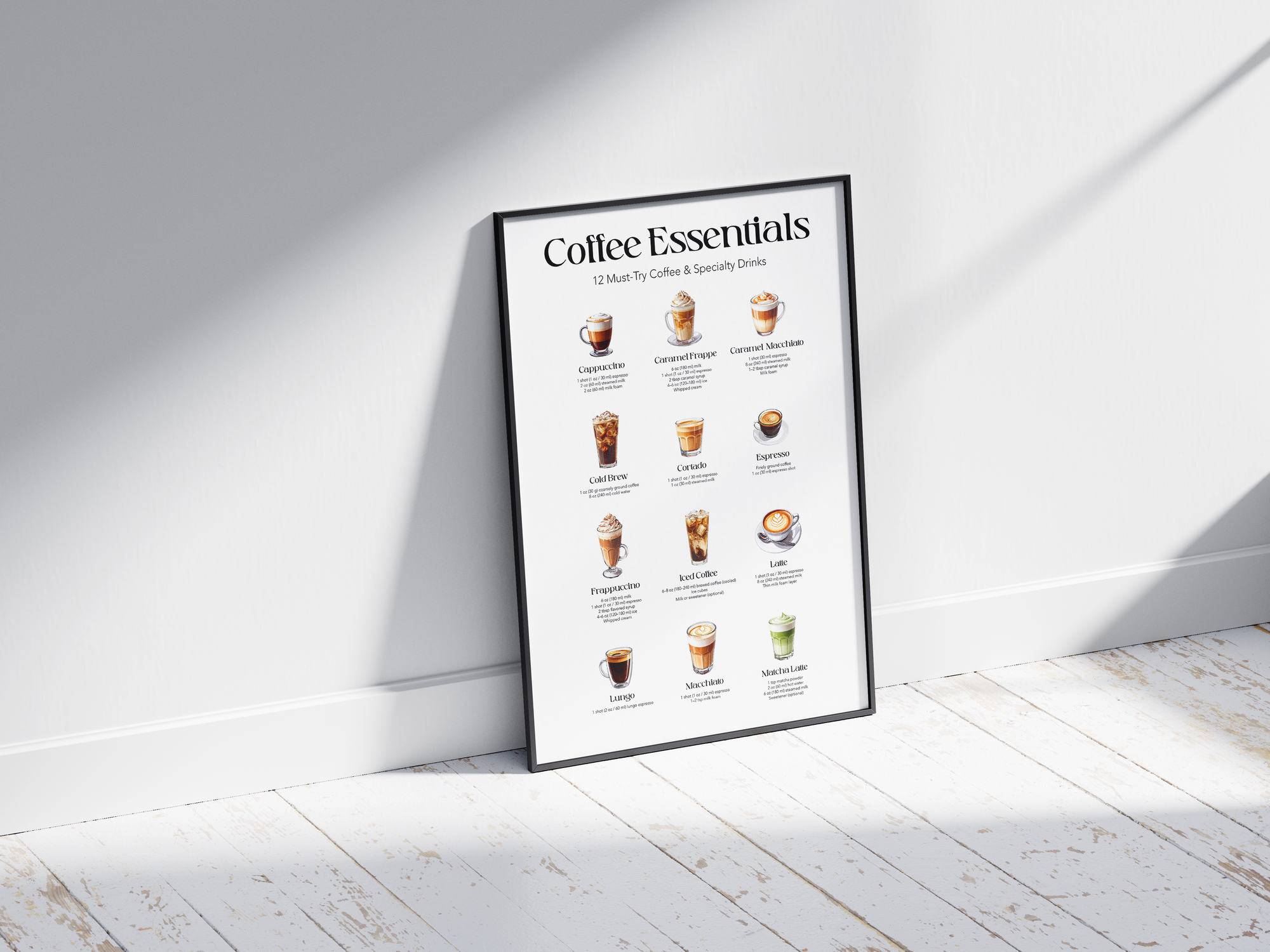 Minimalist coffee drinks art poster featuring 12 illustrated coffee and specialty beverages with their names, printed on semi-gloss sustainable paper. Perfect wall art for kitchens, coffee bars, or modern interiors with an educational and stylish aesthetic.