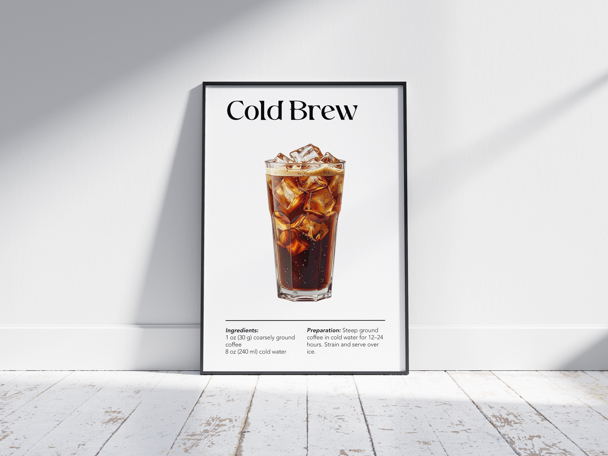 Minimalist cold brew coffee art poster featuring a detailed illustration of iced cold brew with its recipe, printed on semi-gloss sustainable paper. Perfect wall art for kitchens, coffee bars, or modern interiors with a cool and refreshing aesthetic.