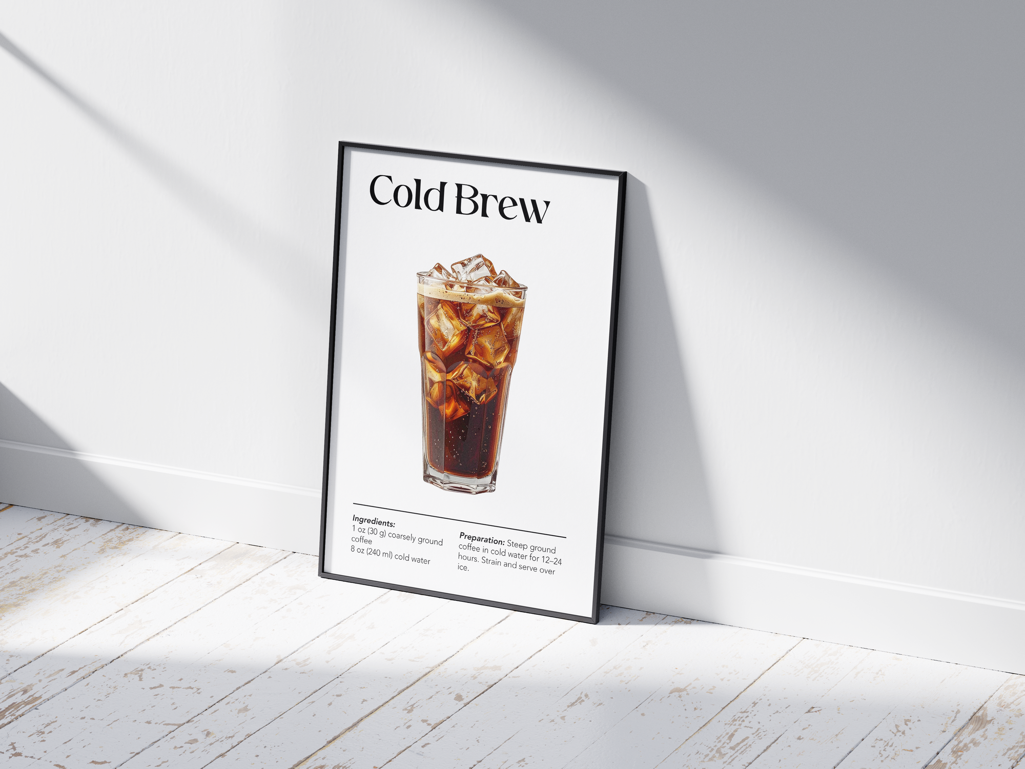 Minimalist cold brew coffee art poster featuring a detailed illustration of iced cold brew with its recipe, printed on semi-gloss sustainable paper. Perfect wall art for kitchens, coffee bars, or modern interiors with a cool and refreshing aesthetic.