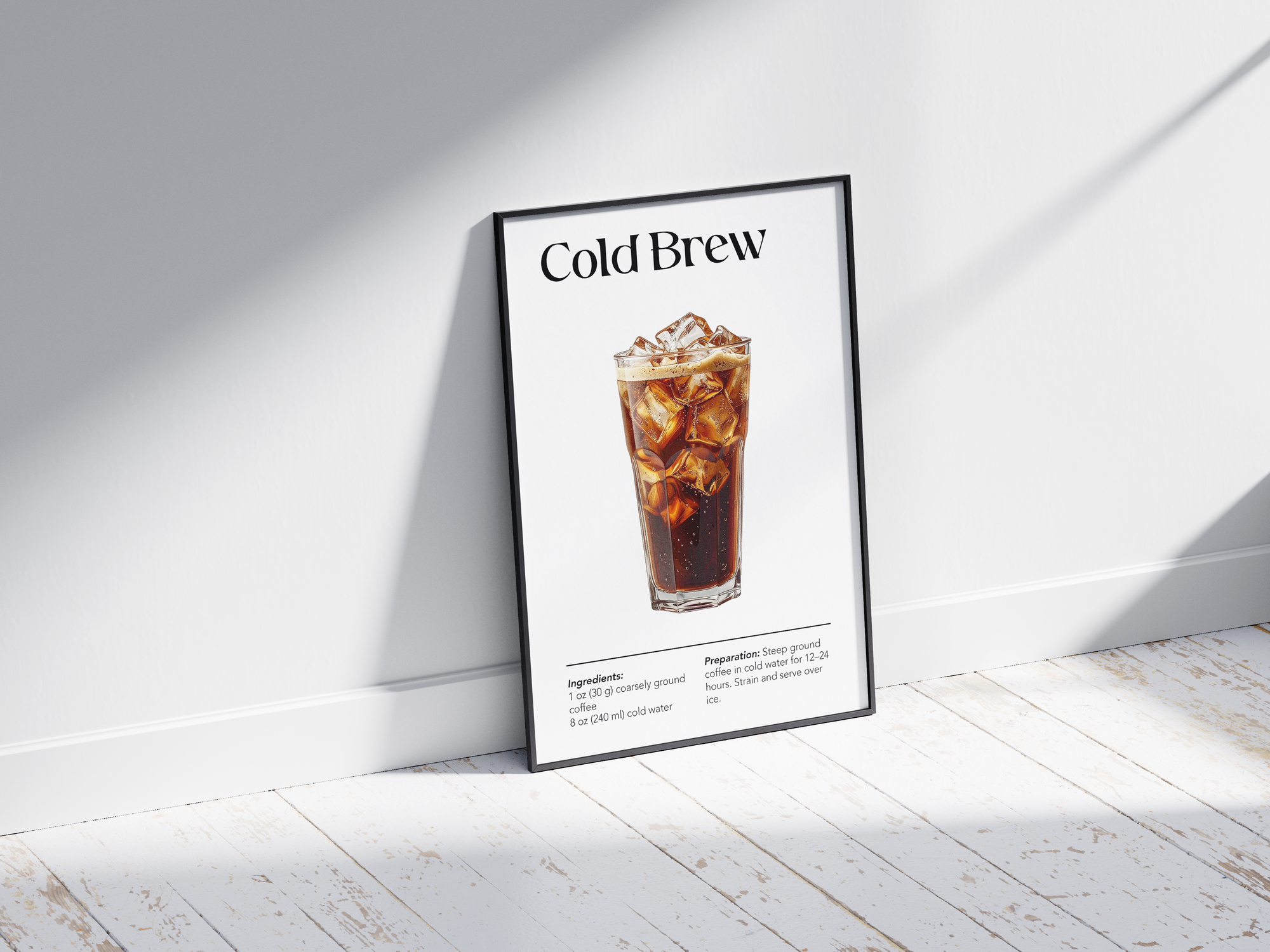 Minimalist cold brew coffee art poster featuring a detailed illustration of iced cold brew with its recipe, printed on semi-gloss sustainable paper. Perfect wall art for kitchens, coffee bars, or modern interiors with a cool and refreshing aesthetic.