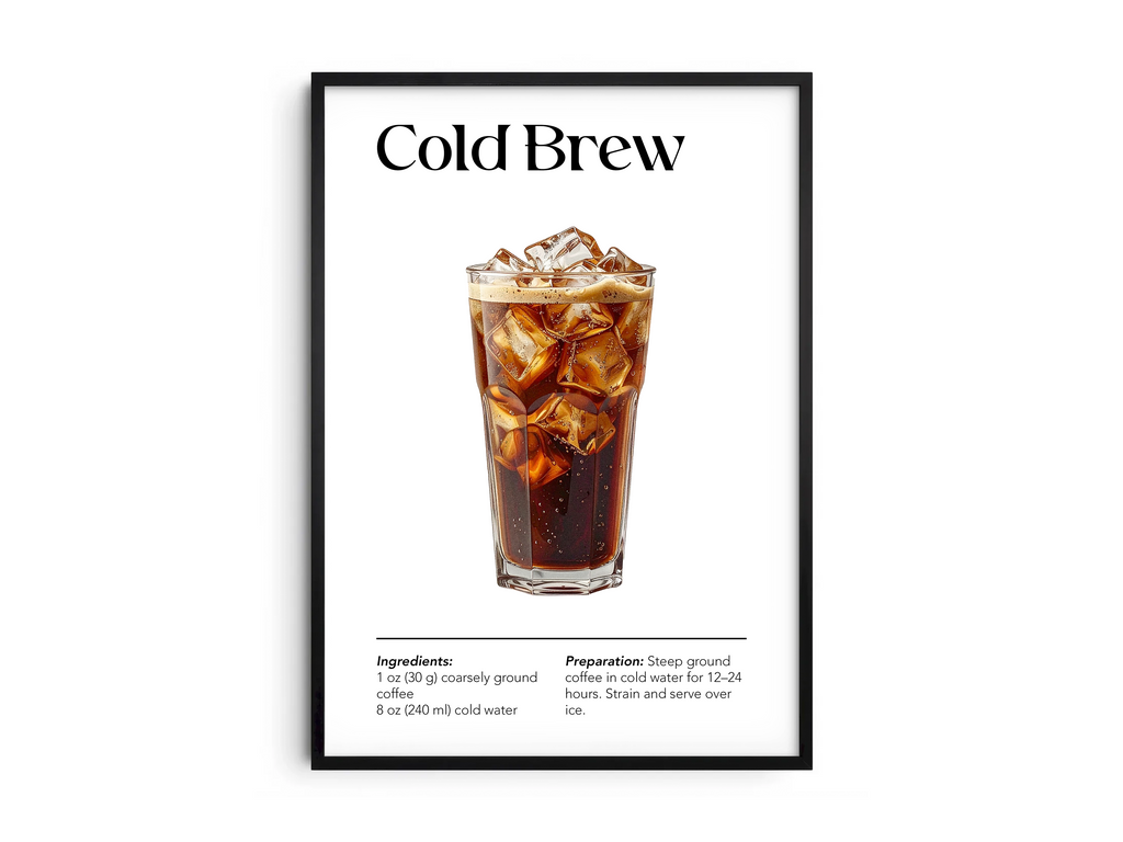 Minimalist cold brew coffee art poster featuring a detailed illustration of iced cold brew with its recipe, printed on semi-gloss sustainable paper. Perfect wall art for kitchens, coffee bars, or modern interiors with a cool and refreshing aesthetic.