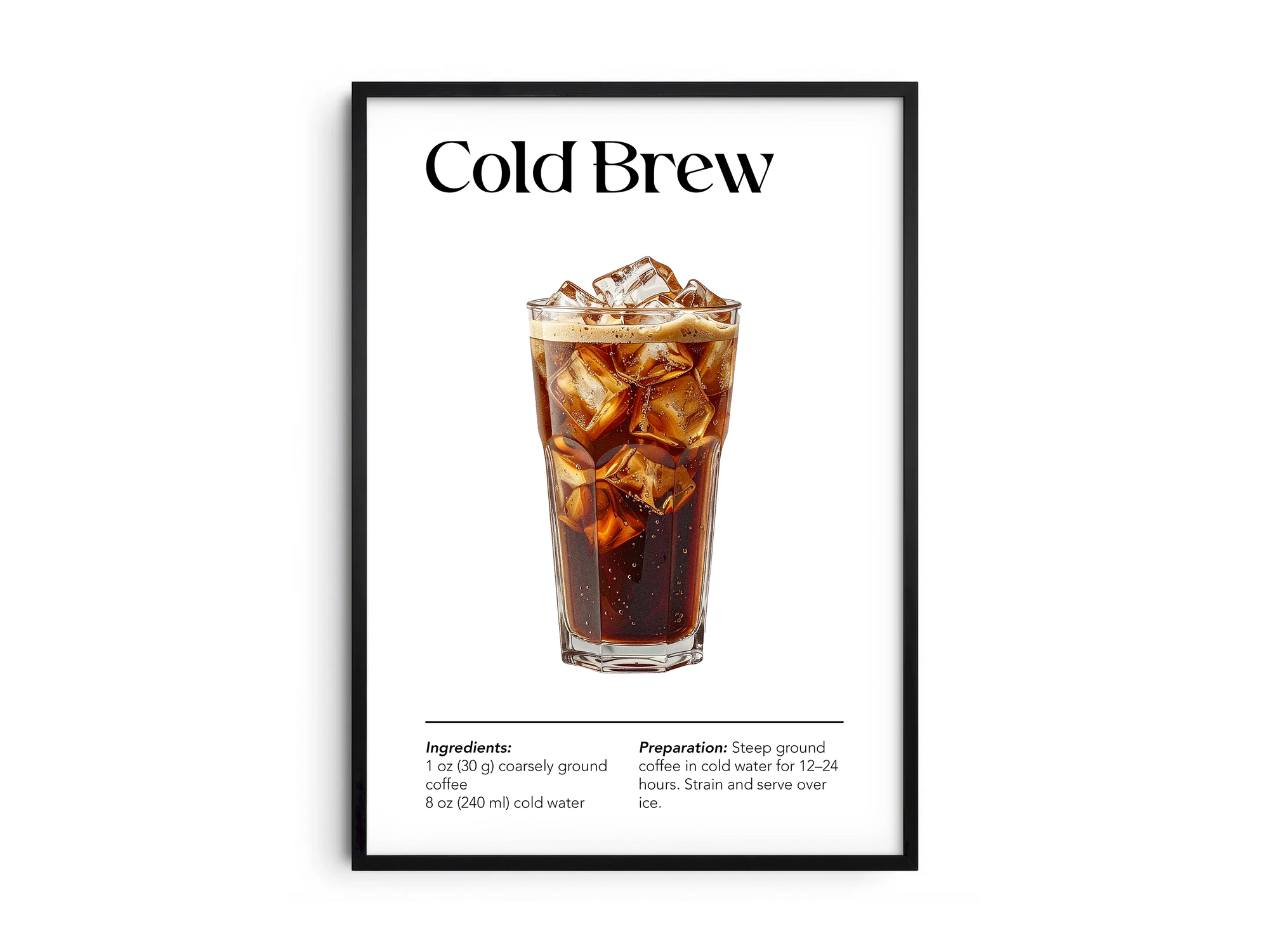 Minimalist cold brew coffee art poster featuring a detailed illustration of iced cold brew with its recipe, printed on semi-gloss sustainable paper. Perfect wall art for kitchens, coffee bars, or modern interiors with a cool and refreshing aesthetic.