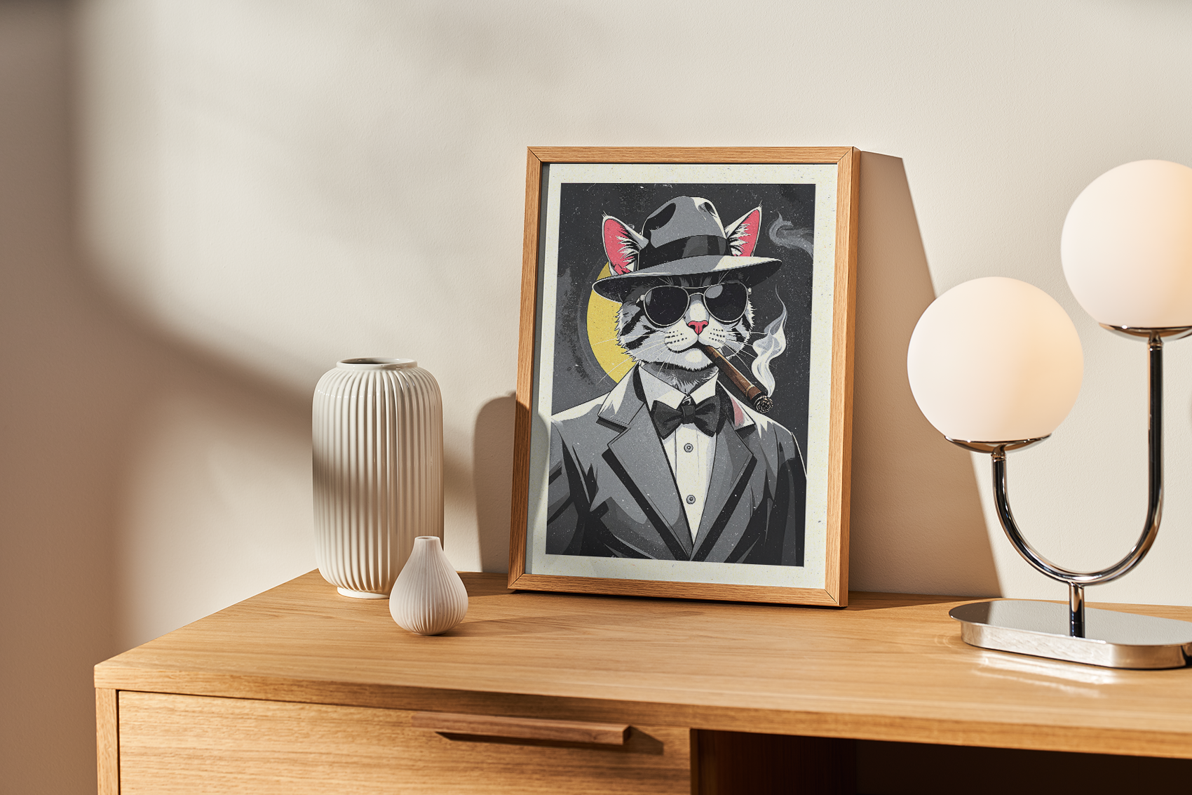 A framed illustration of an anthropomorphic cat wearing a fedora, sunglasses, and a suit, smoking a cigar, set against a dark background with a yellow circle, resting on a wooden cabinet next to a ribbed vase and a modern table lamp.