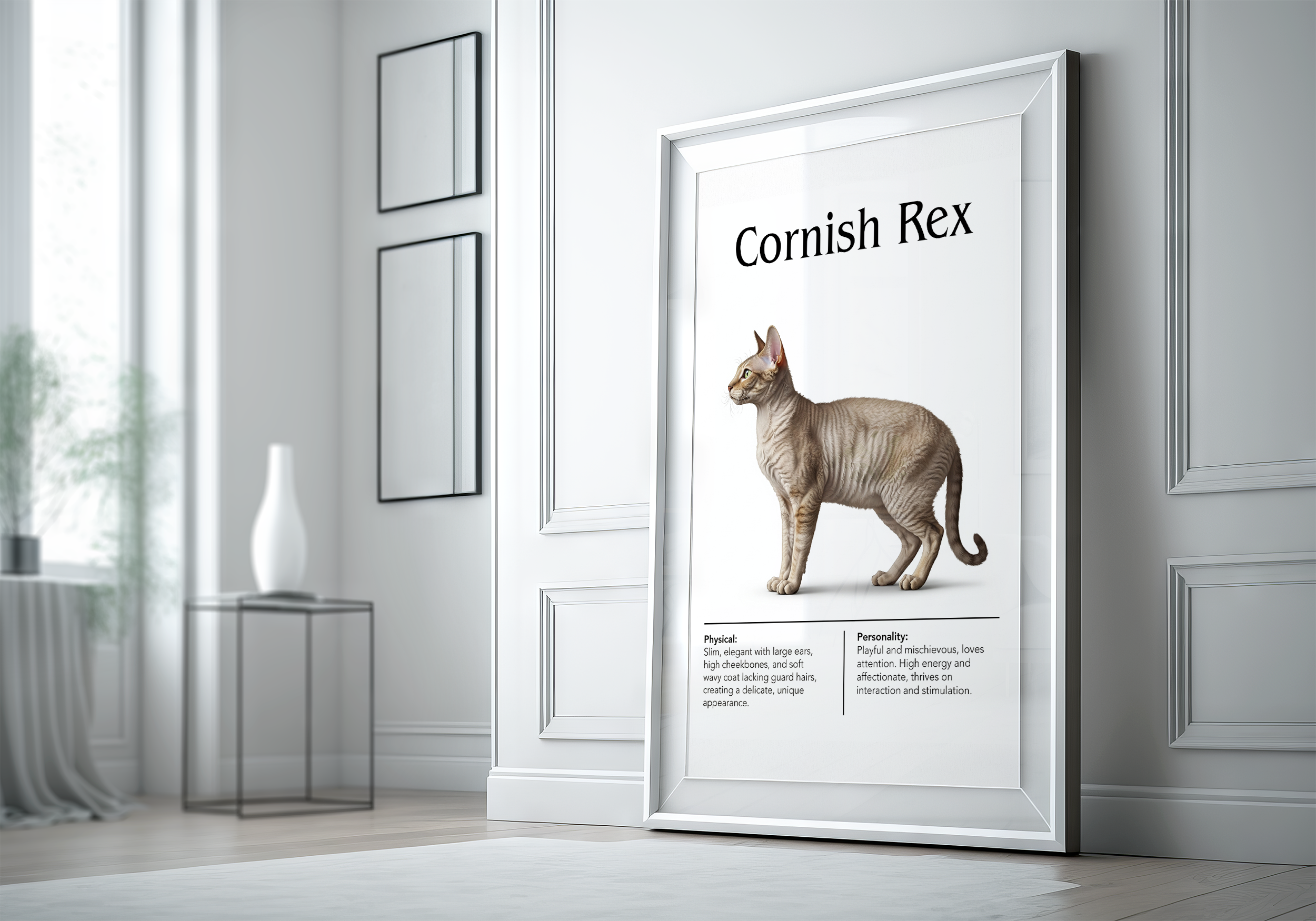 A large, white-framed poster of a light-colored Cornish Rex cat, leaning against a white wall in a bright, minimalist room with two black square frames on the wall.