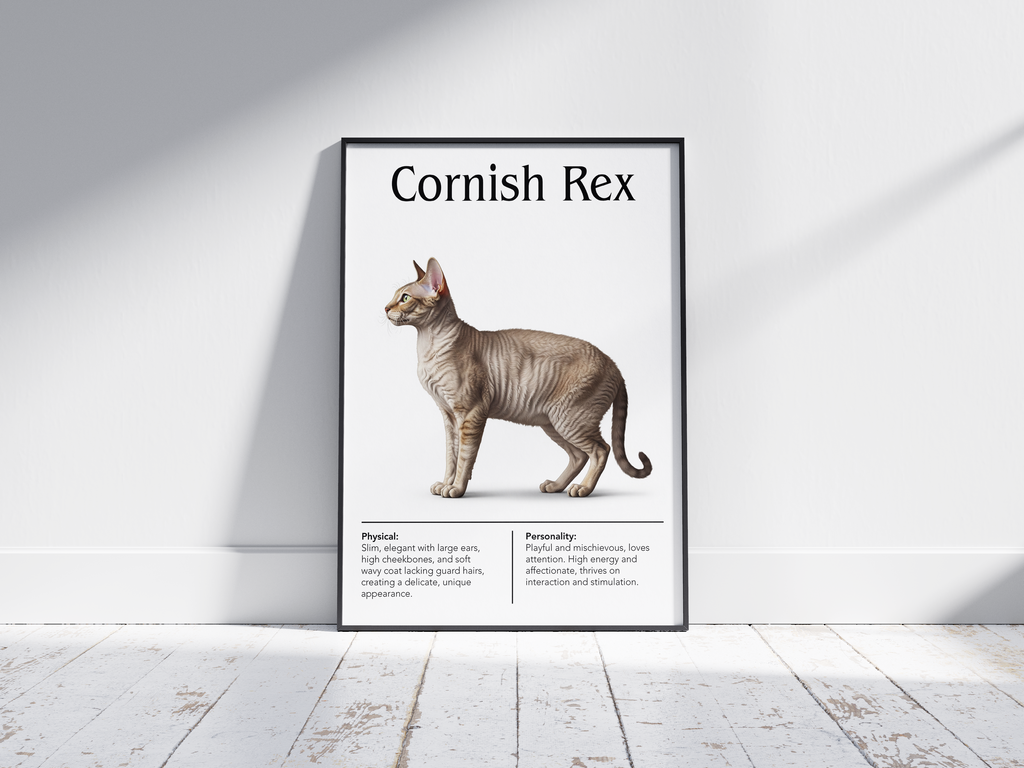 Elegant Cornish Rex cat breed poster featuring a detailed illustration of the cat with its distinctive wavy coat and slender build, printed on semi-gloss sustainable paper. Perfect wall art for modern living rooms, studies, or minimalist interiors with a chic and sophisticated aesthetic.
