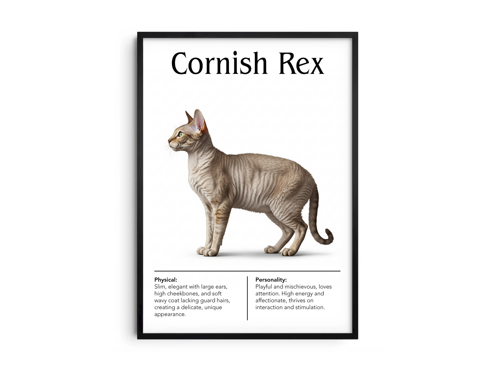 Elegant Cornish Rex cat breed poster featuring a detailed illustration of the cat with its distinctive wavy coat and slender build, printed on semi-gloss sustainable paper. Perfect wall art for modern living rooms, studies, or minimalist interiors with a chic and sophisticated aesthetic.
