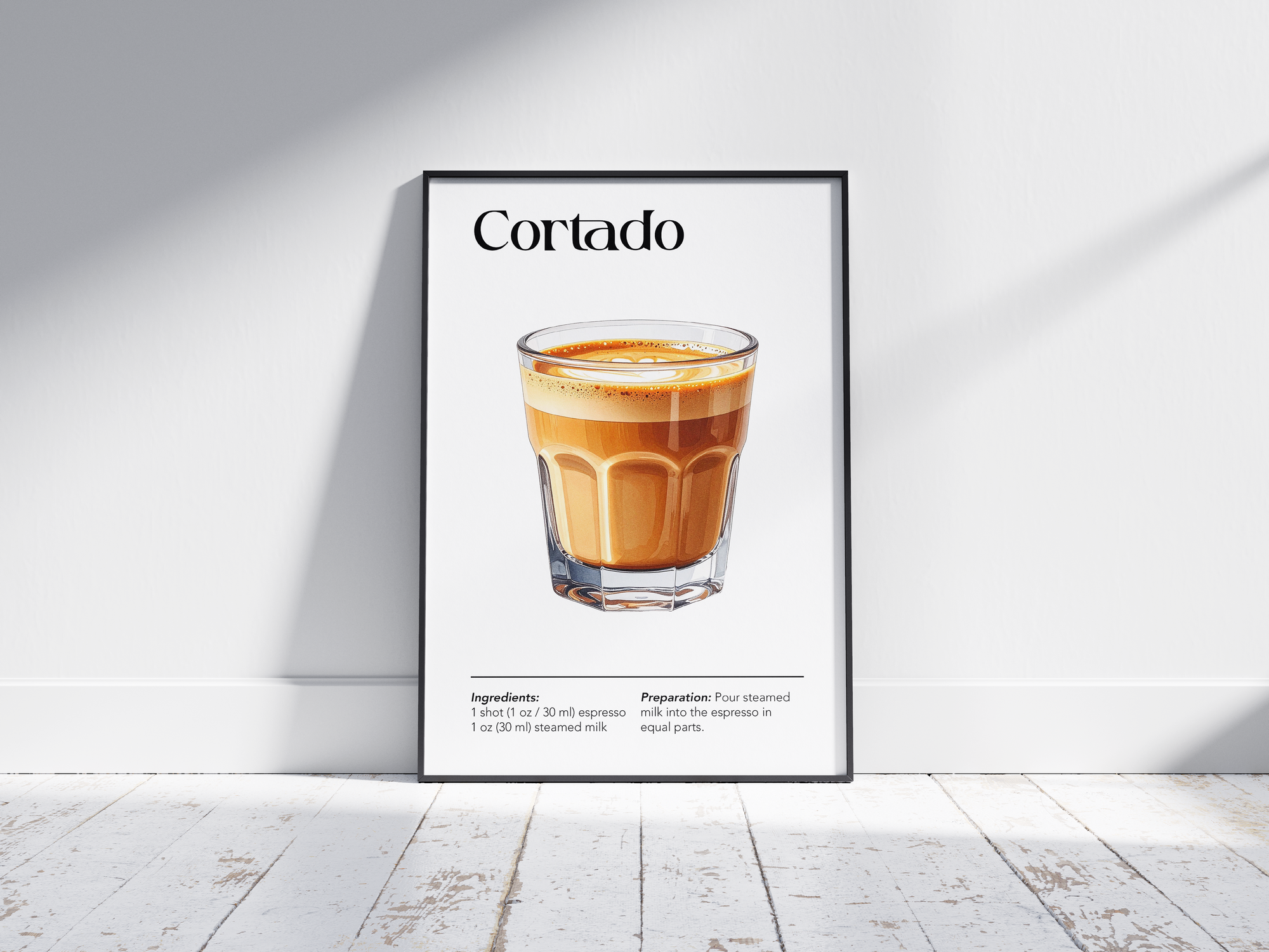 Minimalist Cortado coffee art poster featuring a detailed illustration of the drink with its recipe, printed on semi-gloss sustainable paper. Perfect wall art for kitchens, coffee bars, or modern interiors with a sleek and contemporary aesthetic.