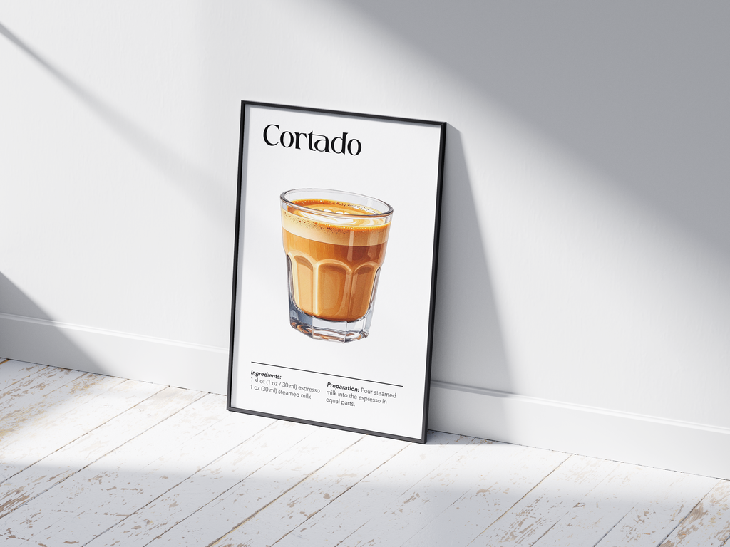 Minimalist Cortado coffee art poster featuring a detailed illustration of the drink with its recipe, printed on semi-gloss sustainable paper. Perfect wall art for kitchens, coffee bars, or modern interiors with a sleek and contemporary aesthetic.