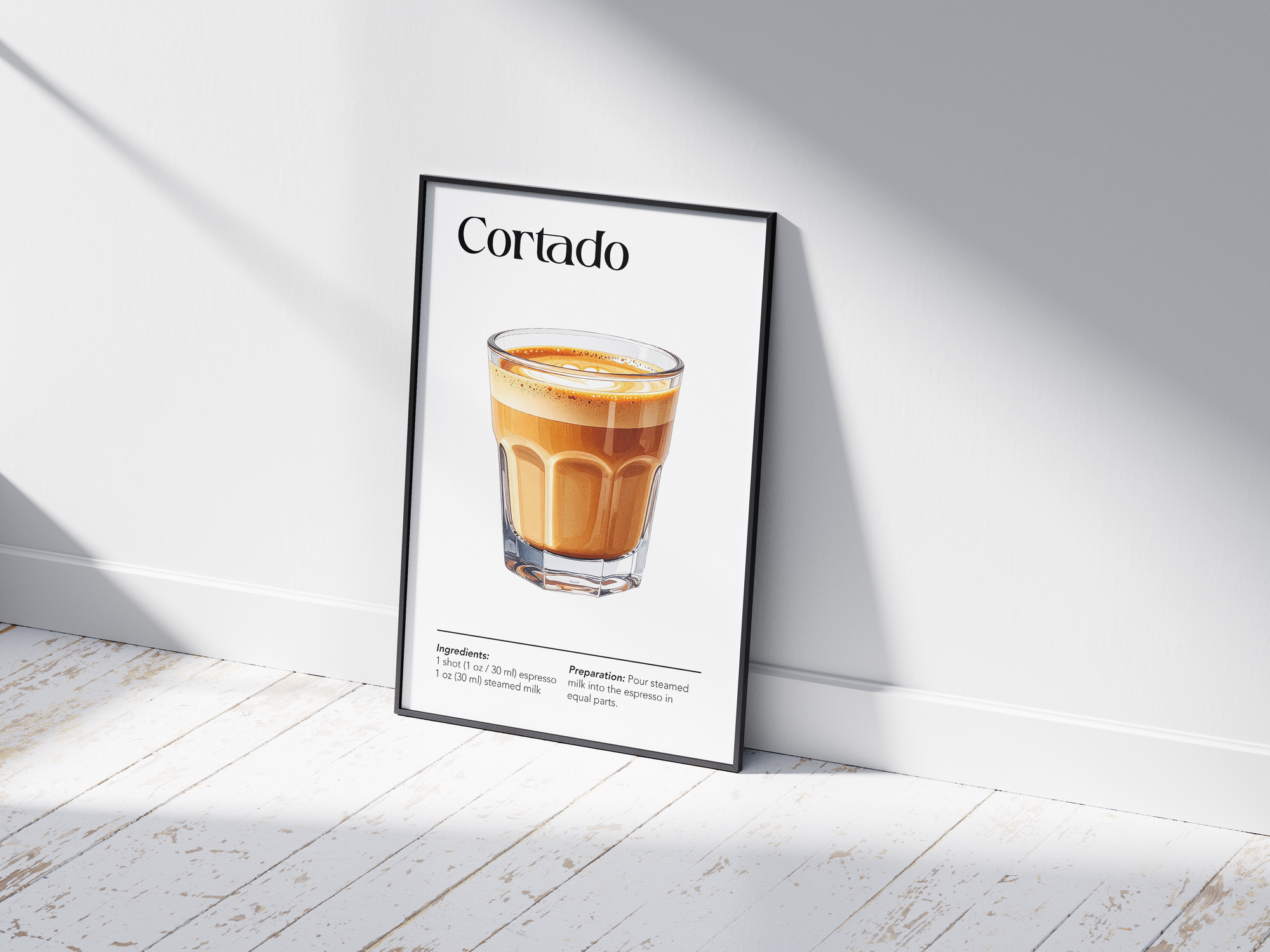 Minimalist Cortado coffee art poster featuring a detailed illustration of the drink with its recipe, printed on semi-gloss sustainable paper. Perfect wall art for kitchens, coffee bars, or modern interiors with a sleek and contemporary aesthetic.