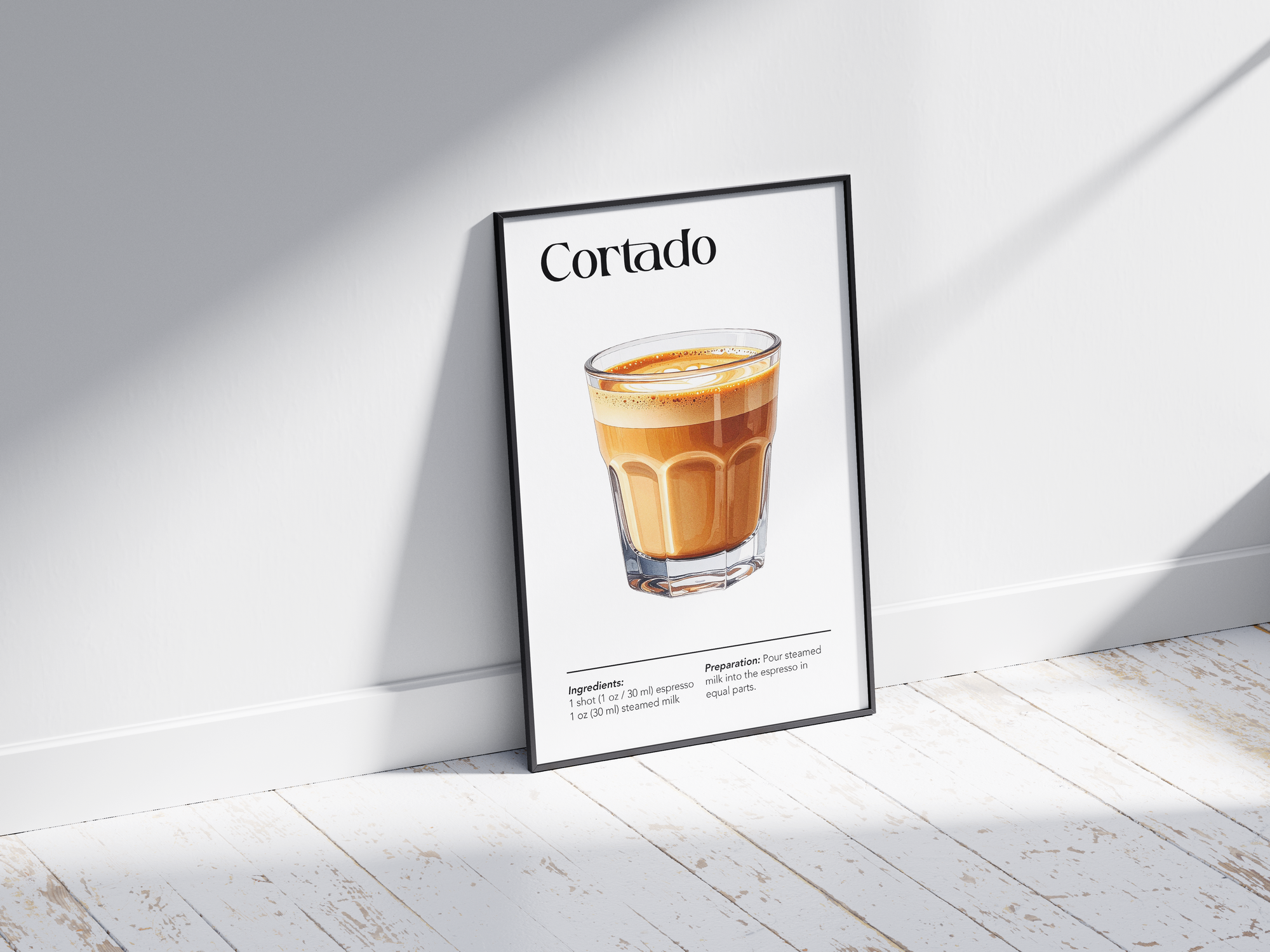 Minimalist Cortado coffee art poster featuring a detailed illustration of the drink with its recipe, printed on semi-gloss sustainable paper. Perfect wall art for kitchens, coffee bars, or modern interiors with a sleek and contemporary aesthetic.