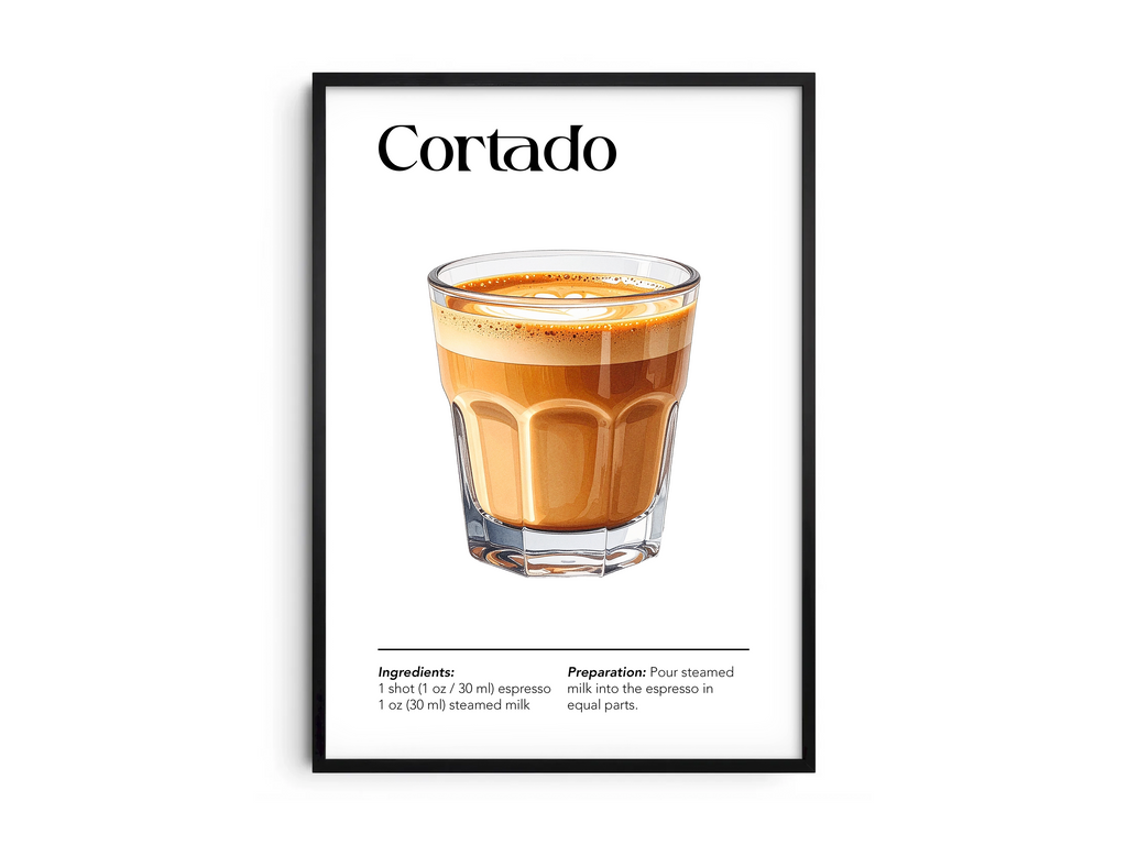 Minimalist Cortado coffee art poster featuring a detailed illustration of the drink with its recipe, printed on semi-gloss sustainable paper. Perfect wall art for kitchens, coffee bars, or modern interiors with a sleek and contemporary aesthetic.