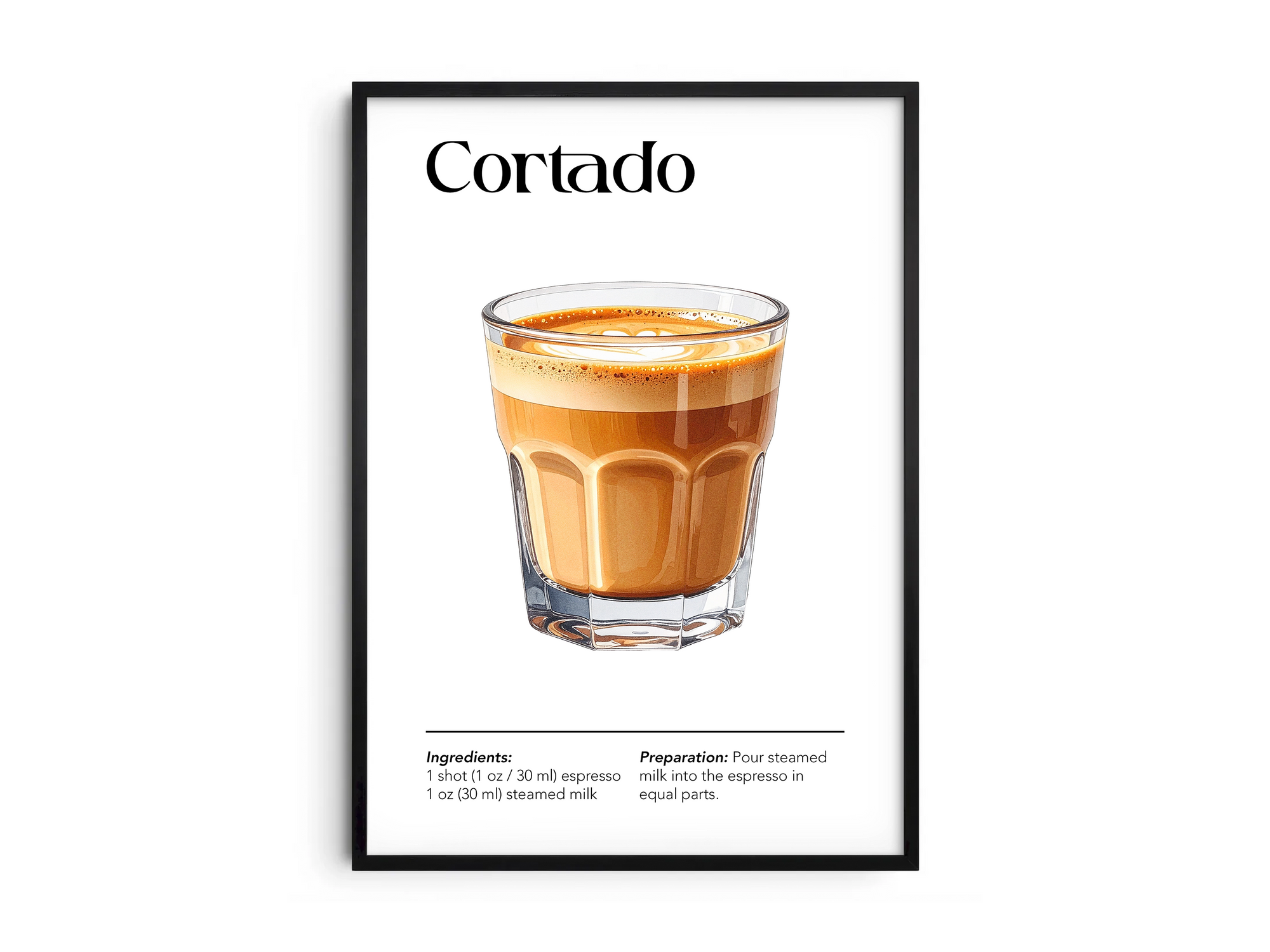 Minimalist Cortado coffee art poster featuring a detailed illustration of the drink with its recipe, printed on semi-gloss sustainable paper. Perfect wall art for kitchens, coffee bars, or modern interiors with a sleek and contemporary aesthetic.