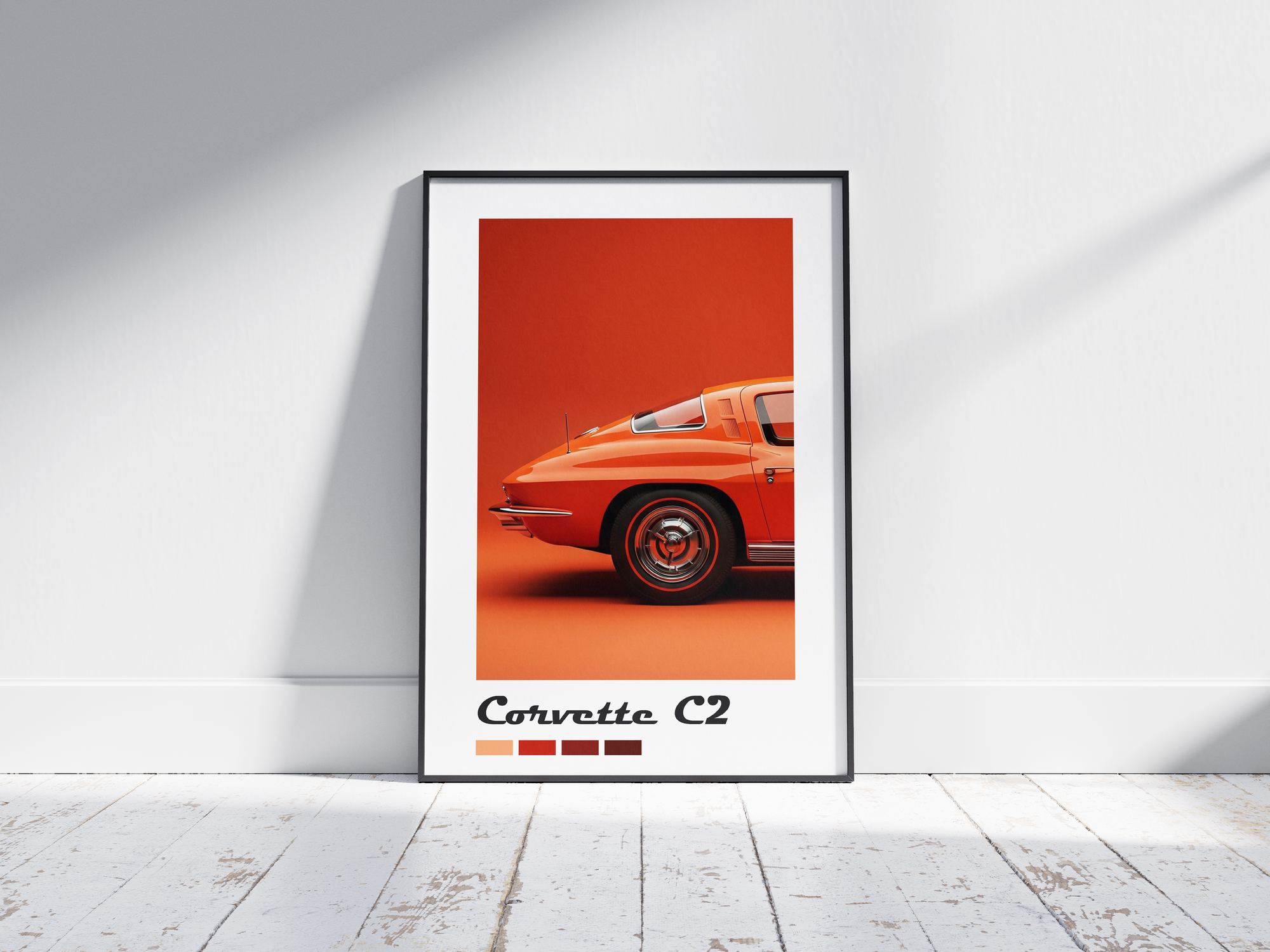 Vibrant Chevrolet Corvette C2 classic car poster, printed on high-quality semi-gloss paper. Perfect wall art for car enthusiasts, garages, offices, or modern interiors with a retro and dynamic aesthetic.