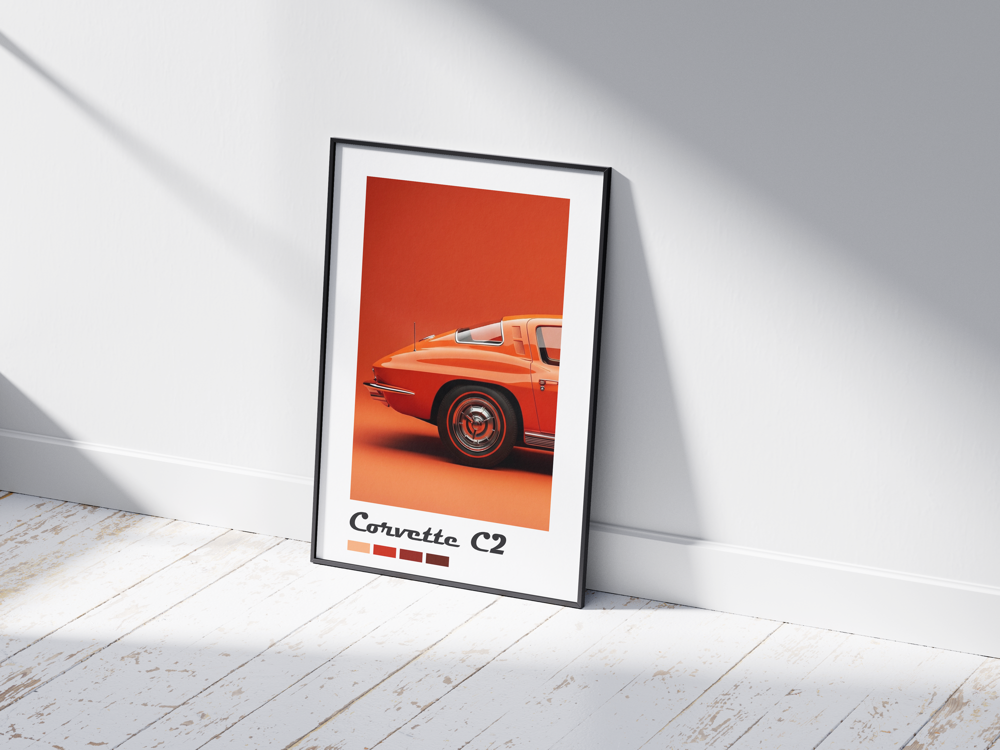 Vibrant Chevrolet Corvette C2 classic car poster, printed on high-quality semi-gloss paper. Perfect wall art for car enthusiasts, garages, offices, or modern interiors with a retro and dynamic aesthetic.